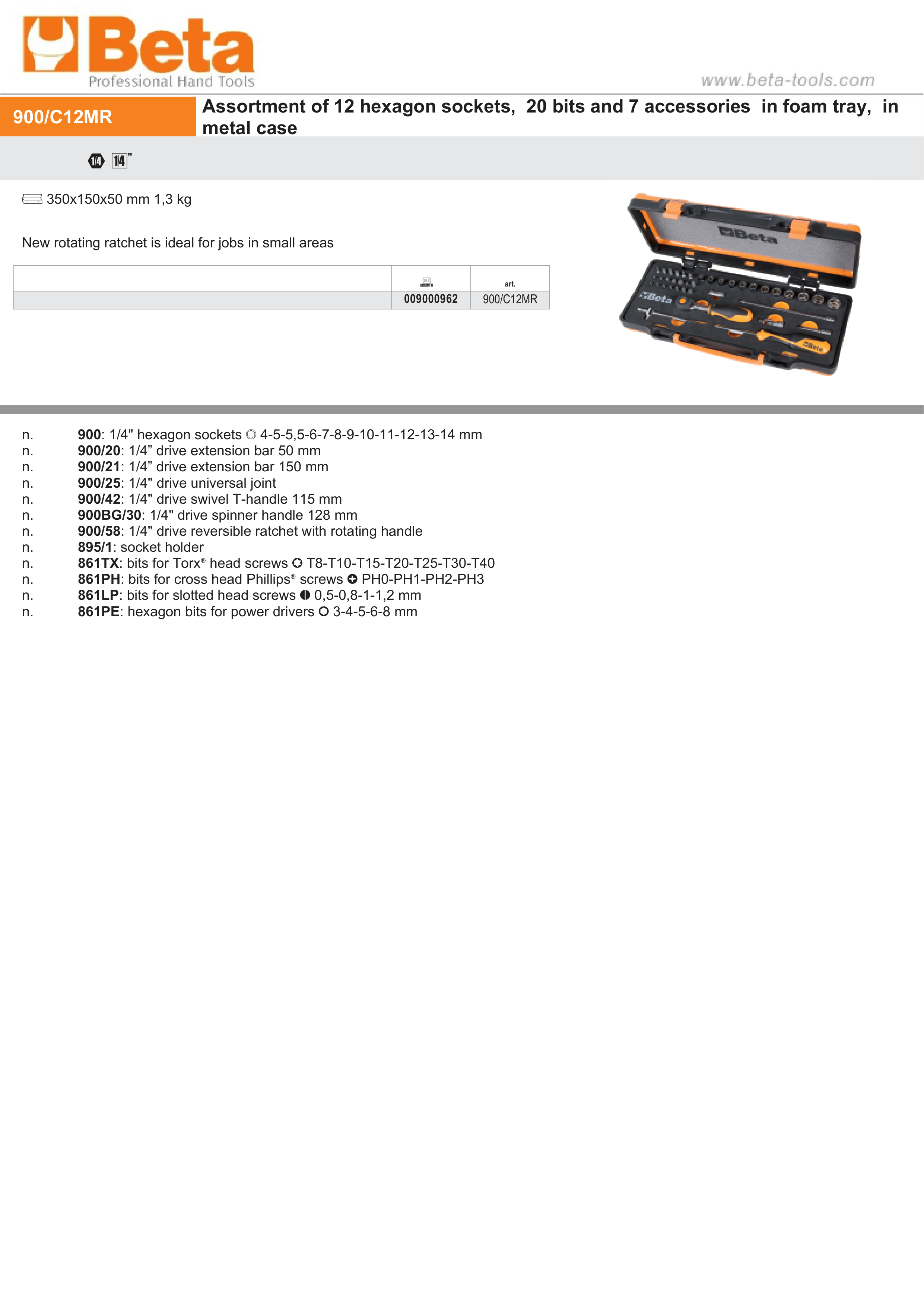 12 Hexagon Sockets, 20 Bits, 7 Accessories in Foam Tray, Metal Case - Beta Tools 900/C12MR