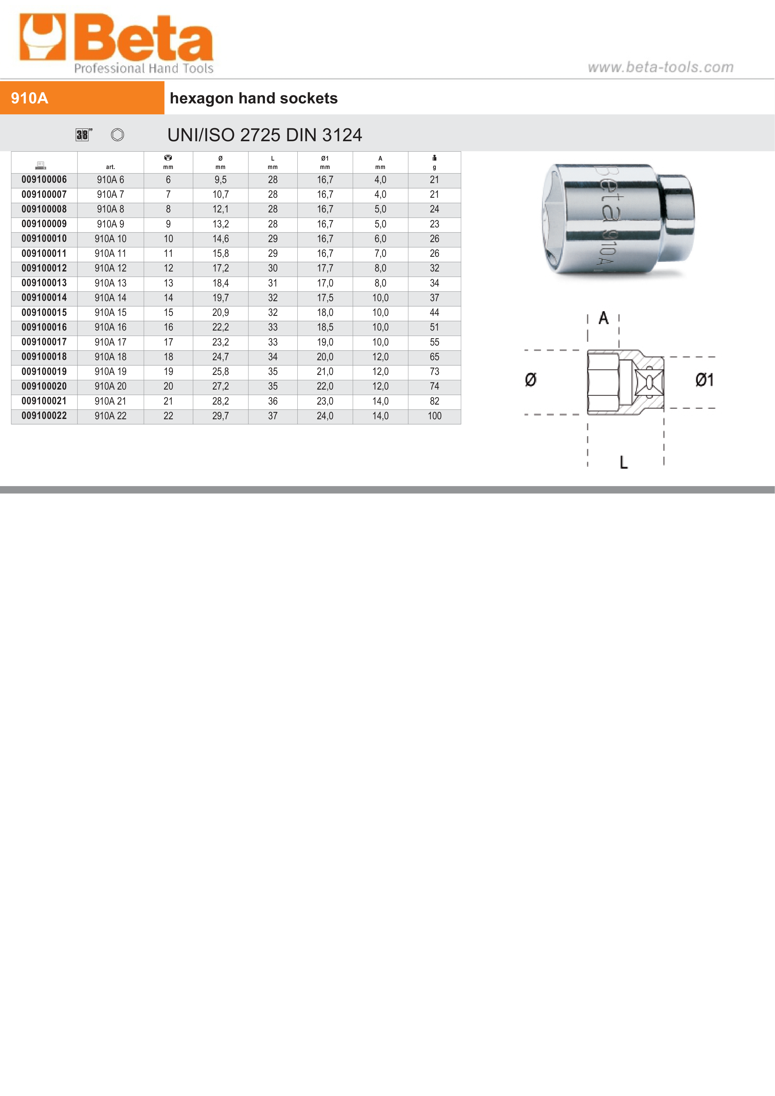 Hexagon Hand Socket 3/8 18mm - Beta Tools 910A 18