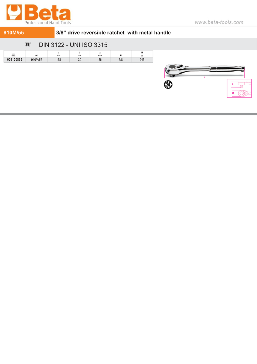 3/8 Drive Reversible Ratchet with Metal Handle 178mm - Beta Tools 910M/55