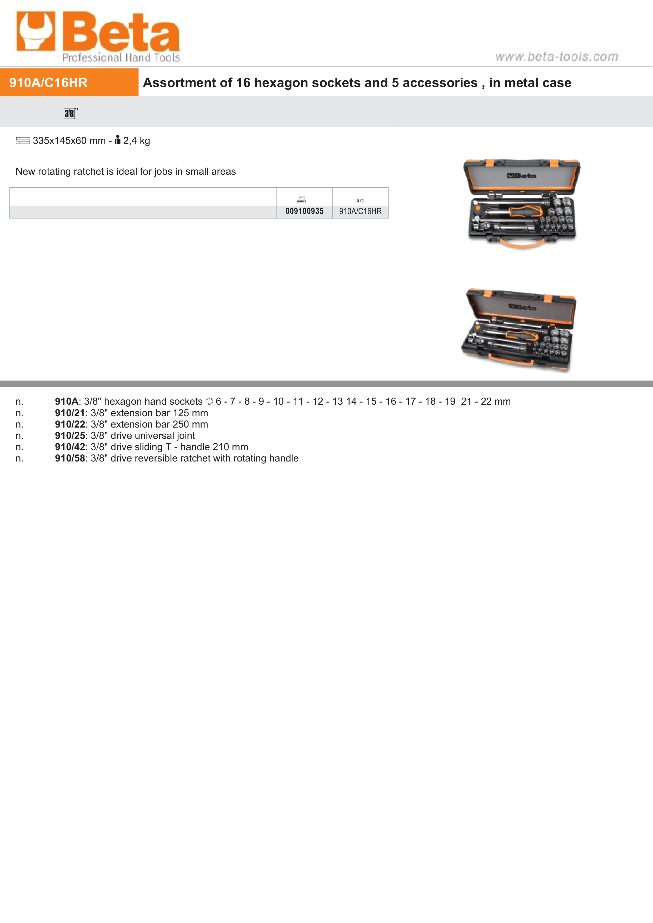 Hexagon Socket and Accessory Set in Metal Case 16 Sockets 5 Accessories - Beta Tools 910A/C16HR