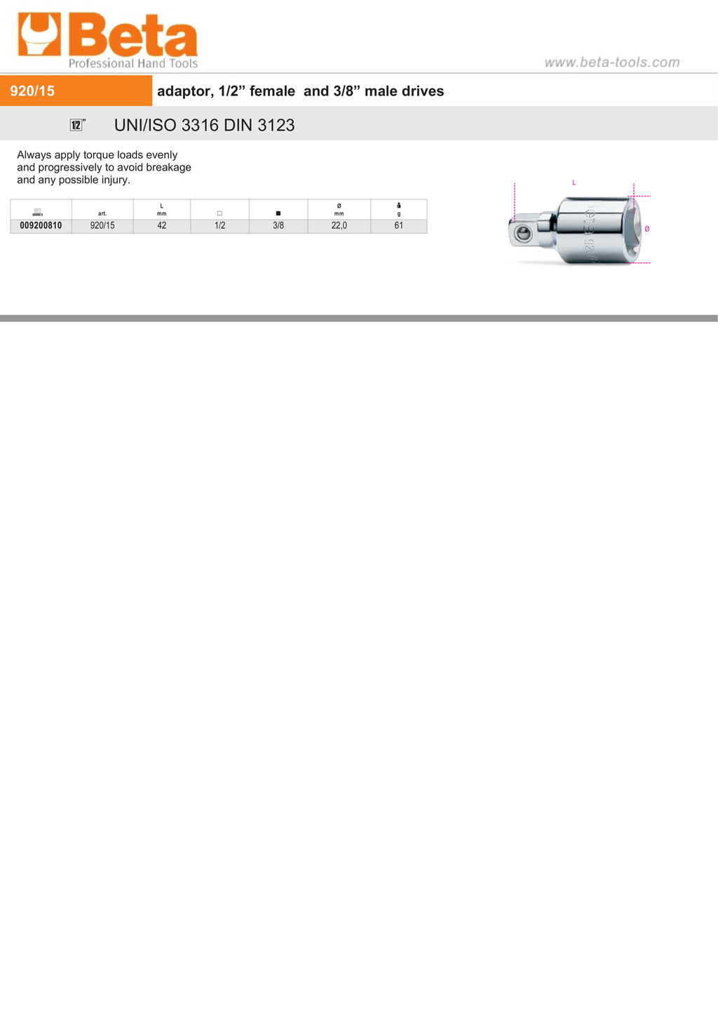 Adaptor 1/2 Female to 3/8 Male Drives 42mm - Beta Tools 920/15
