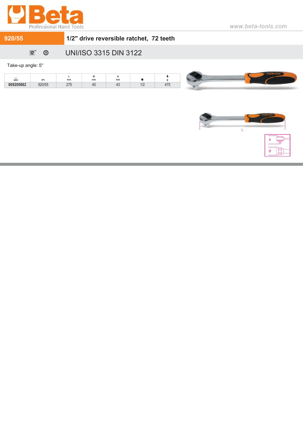 1/2 Drive Reversible Ratchet 72 Teeth 275mm - Beta Tools 920/55