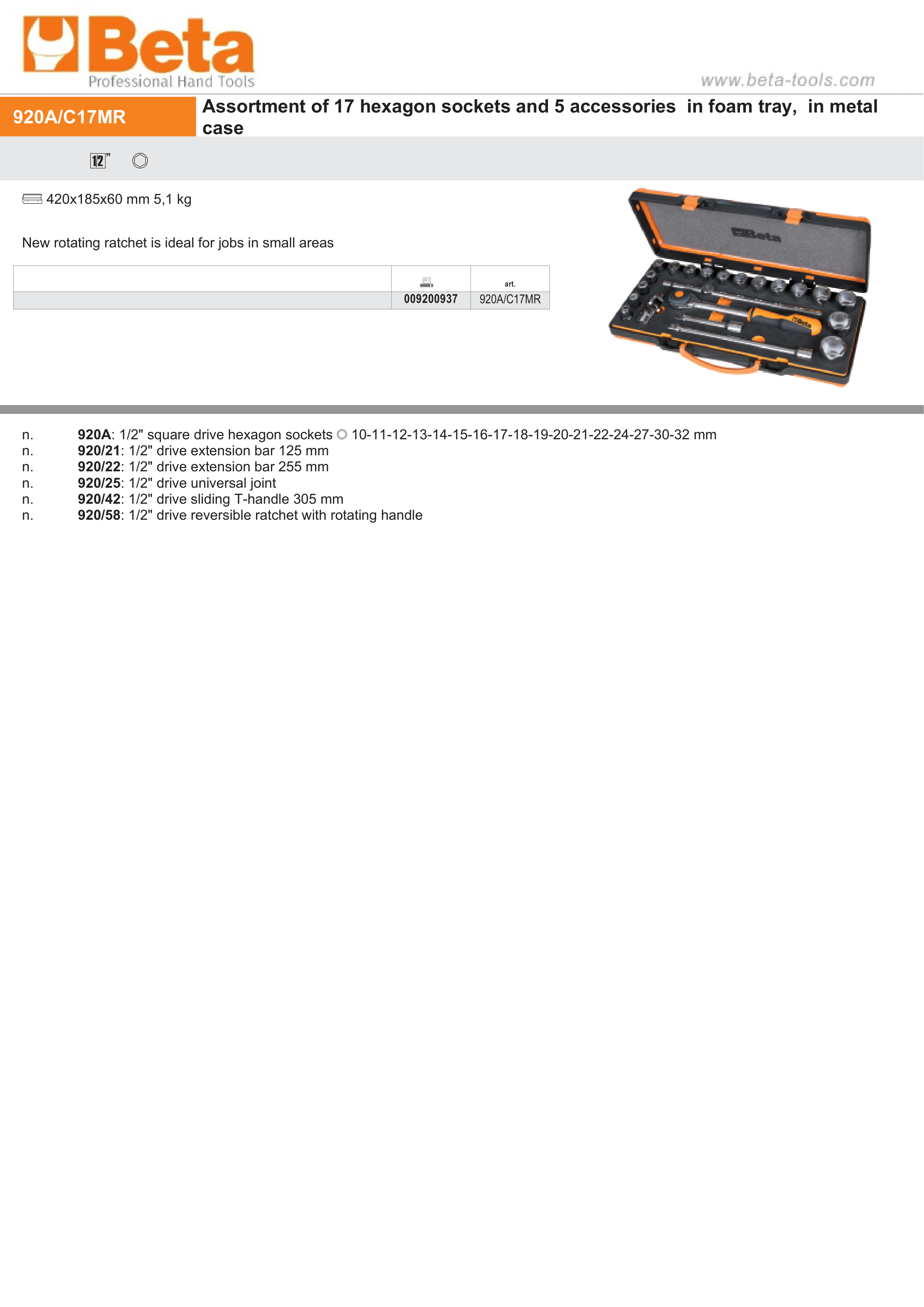 Hexagon Socket and Accessory Set in Foam Tray with Metal Case - Beta Tools 920A/C17MR