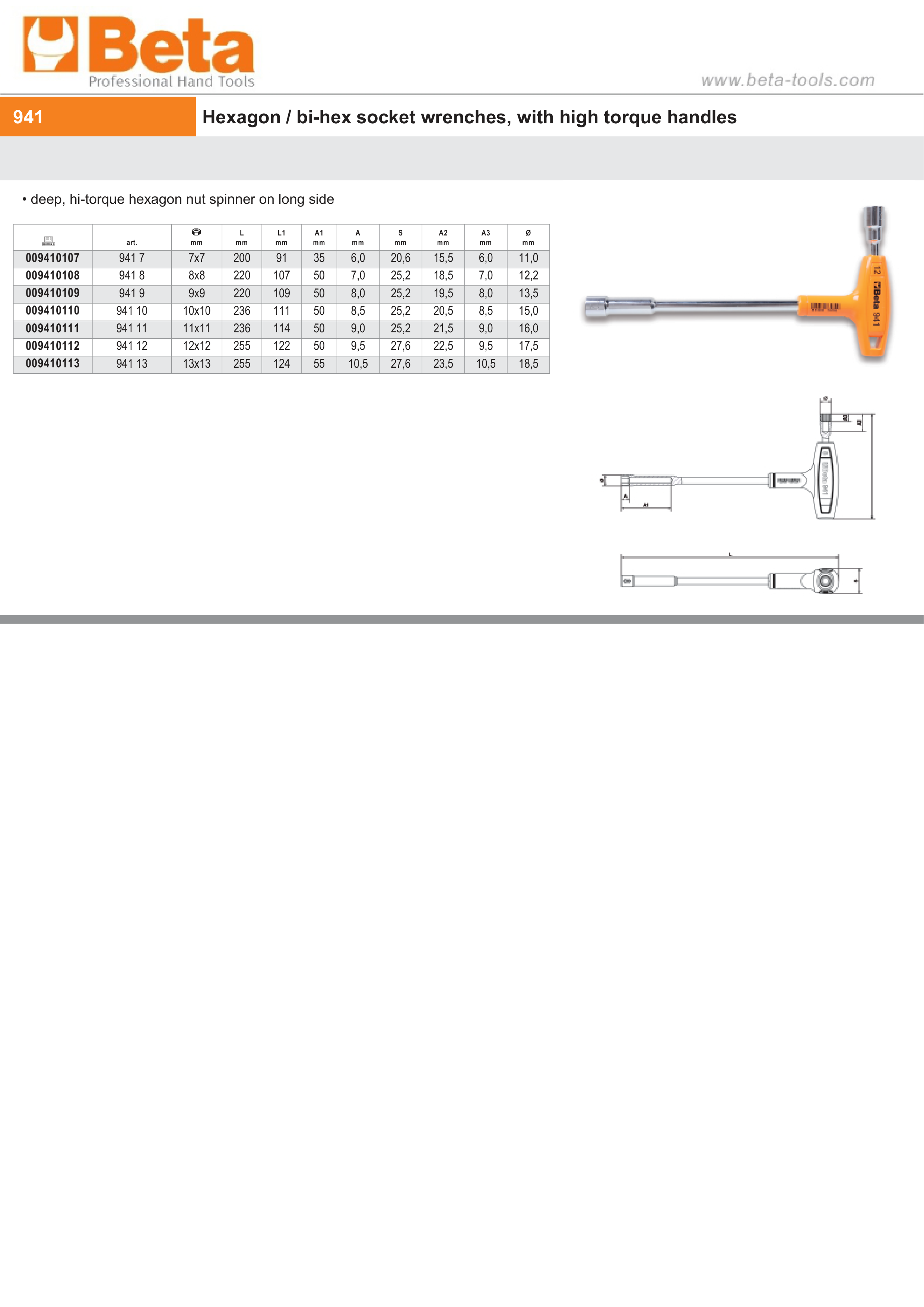 Hexagon/Bi-Hex Socket Wrench with High Torque Handle 7mm - Beta Tools 941 7