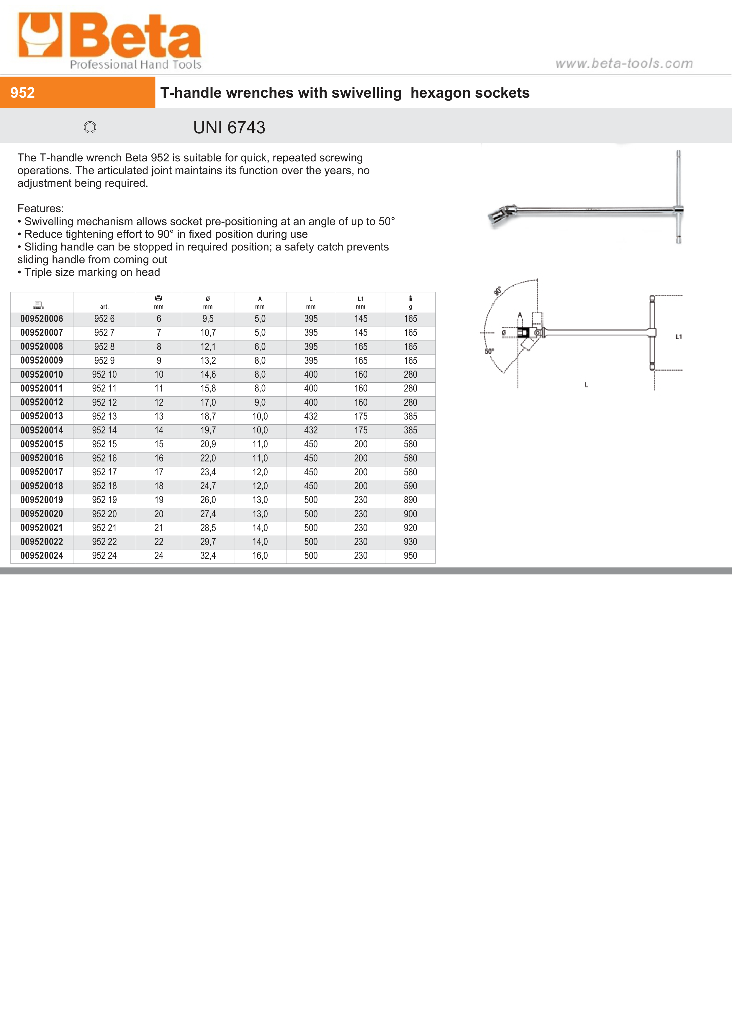 T-Handle Wrench with Swivelling Hexagon Socket 17mm - Beta Tools 952 17