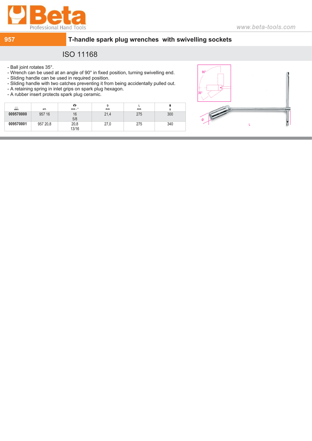 T-Handle Spark Plug Wrench with Swivelling Socket 20.8mm - Beta Tools 957 20,8