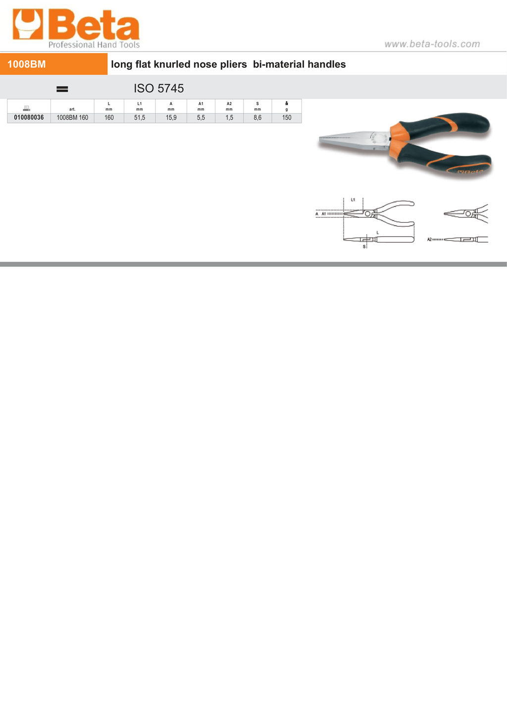 Long Flat Knurled Nose Pliers Bi-Material Handles 160mm - Beta Tools 1008BM 160