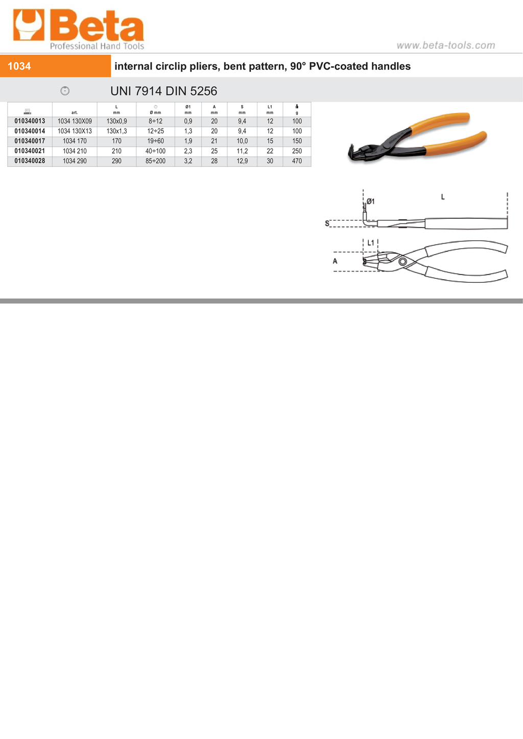 Internal Circlip Pliers Bent 90 Pattern PVC Handles 130mm - Beta Tools 1034 130X09