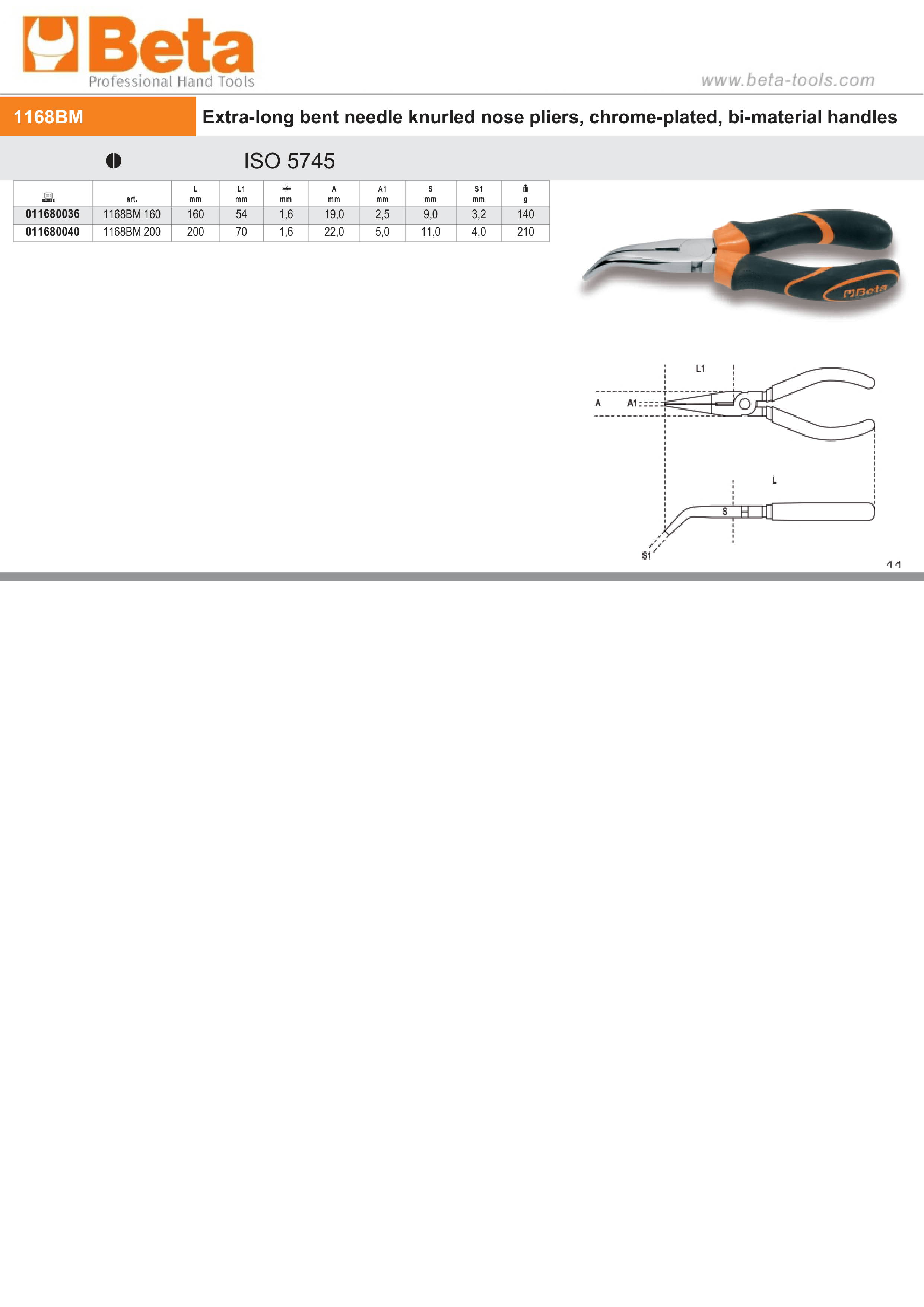 Extra-Long Bent Needle Knurled Nose Pliers Chrome-Plated Bi-Material Handles 160mm Length - Beta Tools 1168BM 160