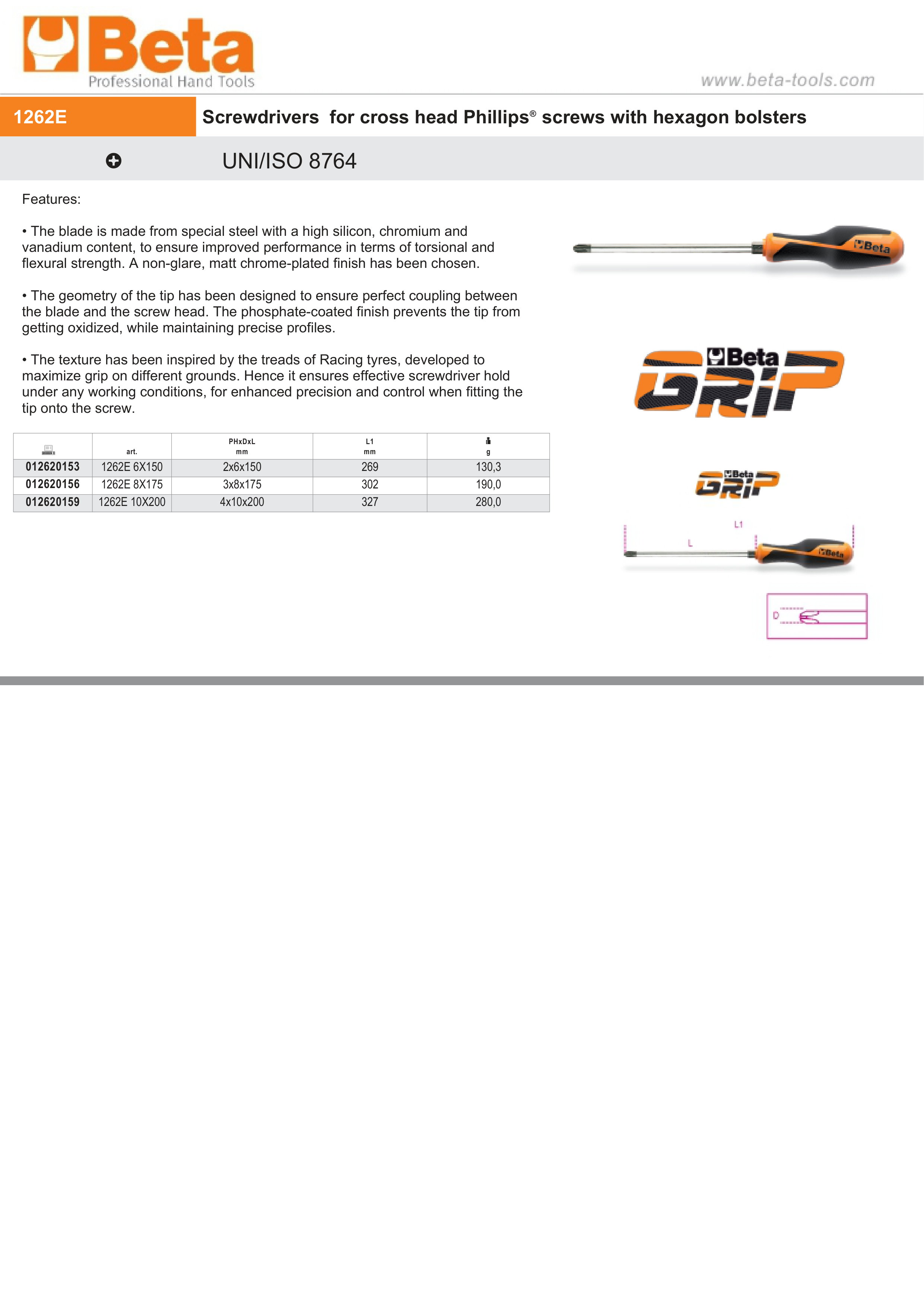 Screwdriver for Cross Head Phillips Screws with Hexagon Bolsters PH3 8mm 175mm Length - BetaGRIP 1262E 8X175