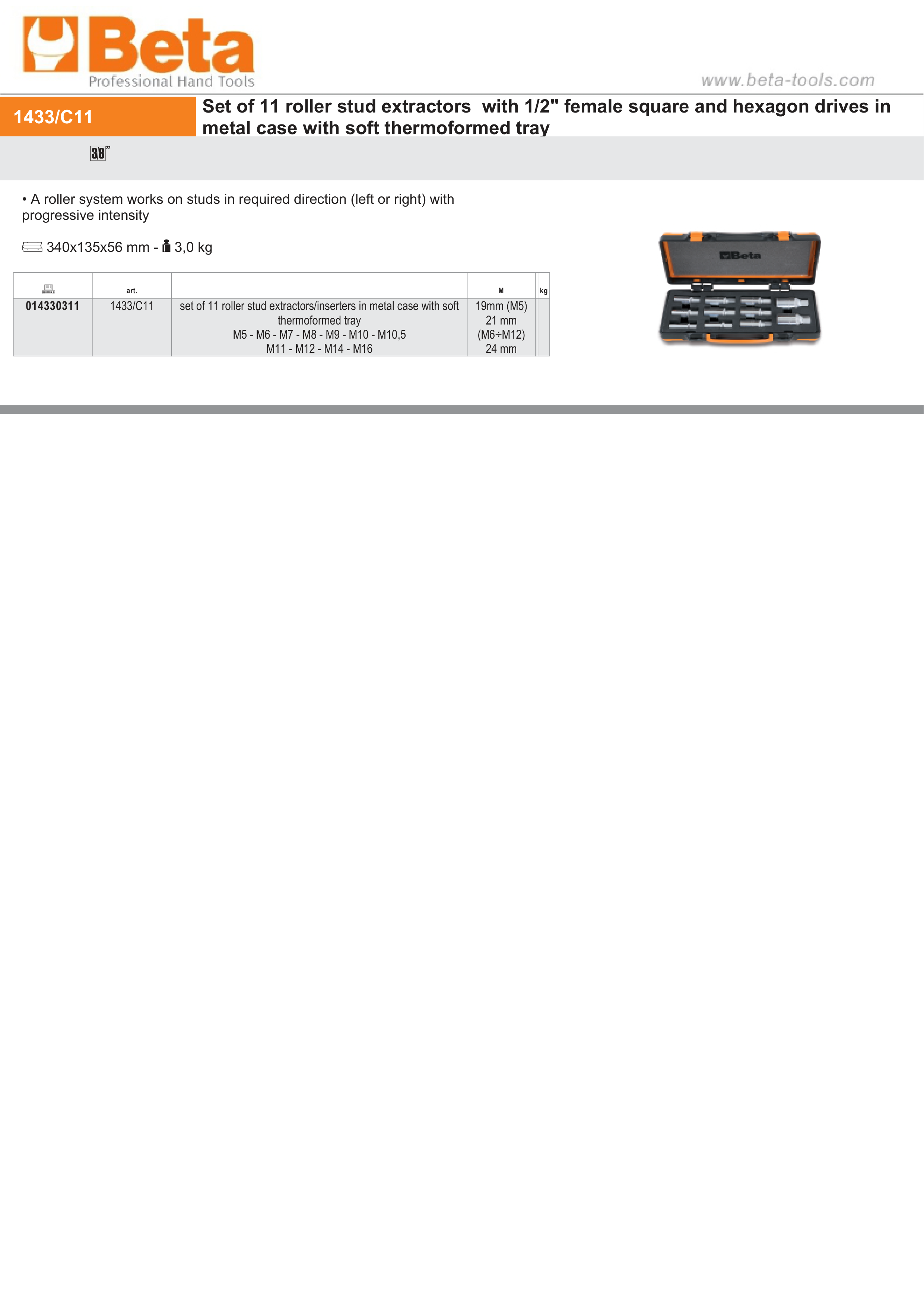 Set of 11 Roller Stud Extractors/Inserters M5 - M16 with Metal Case - Beta Tools 1433/C11