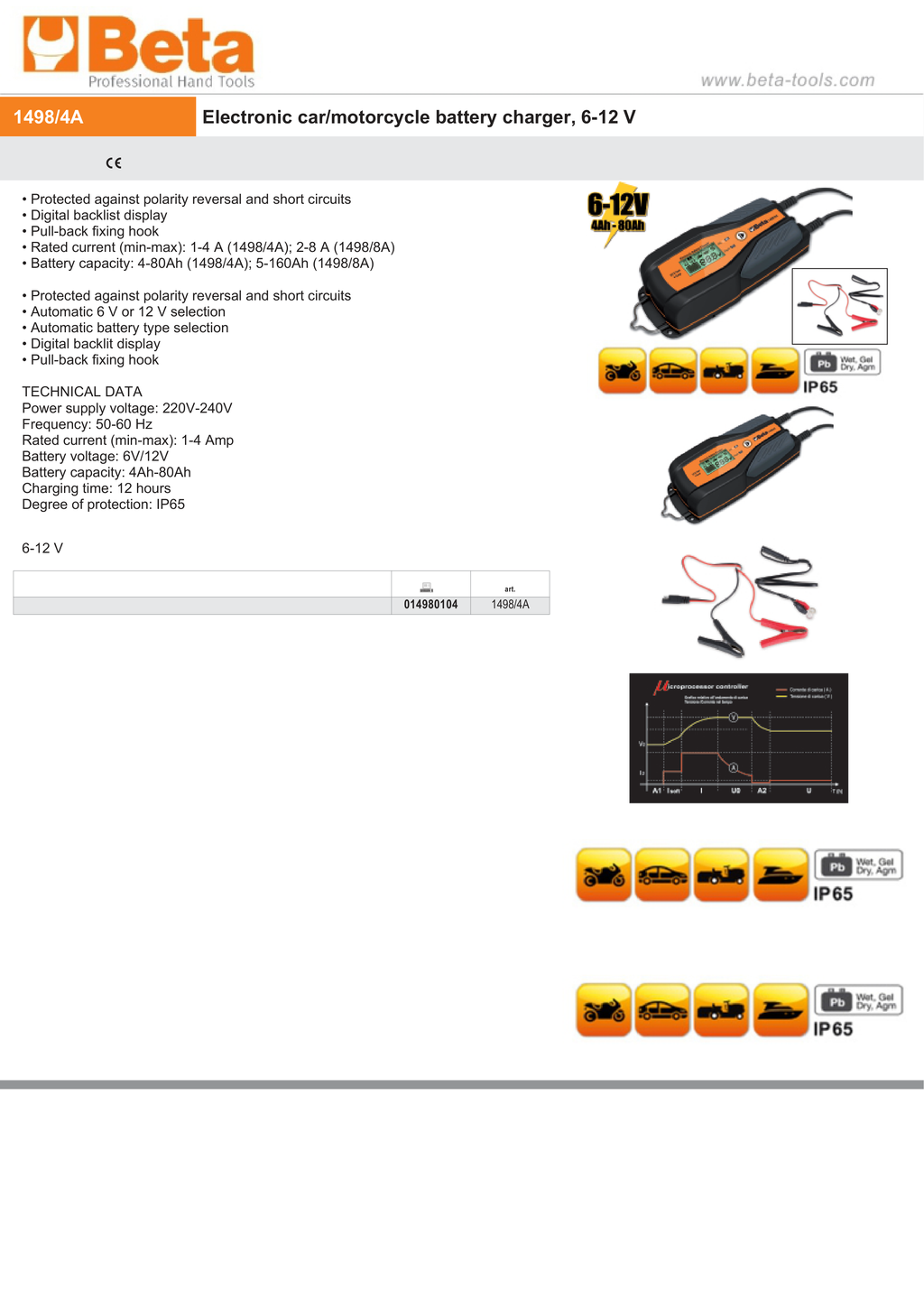 Electronic Car/Motorcycle Battery Charger 6V/12V 1A - 8A 4Ah - 160Ah - Beta Tools 1498/4A