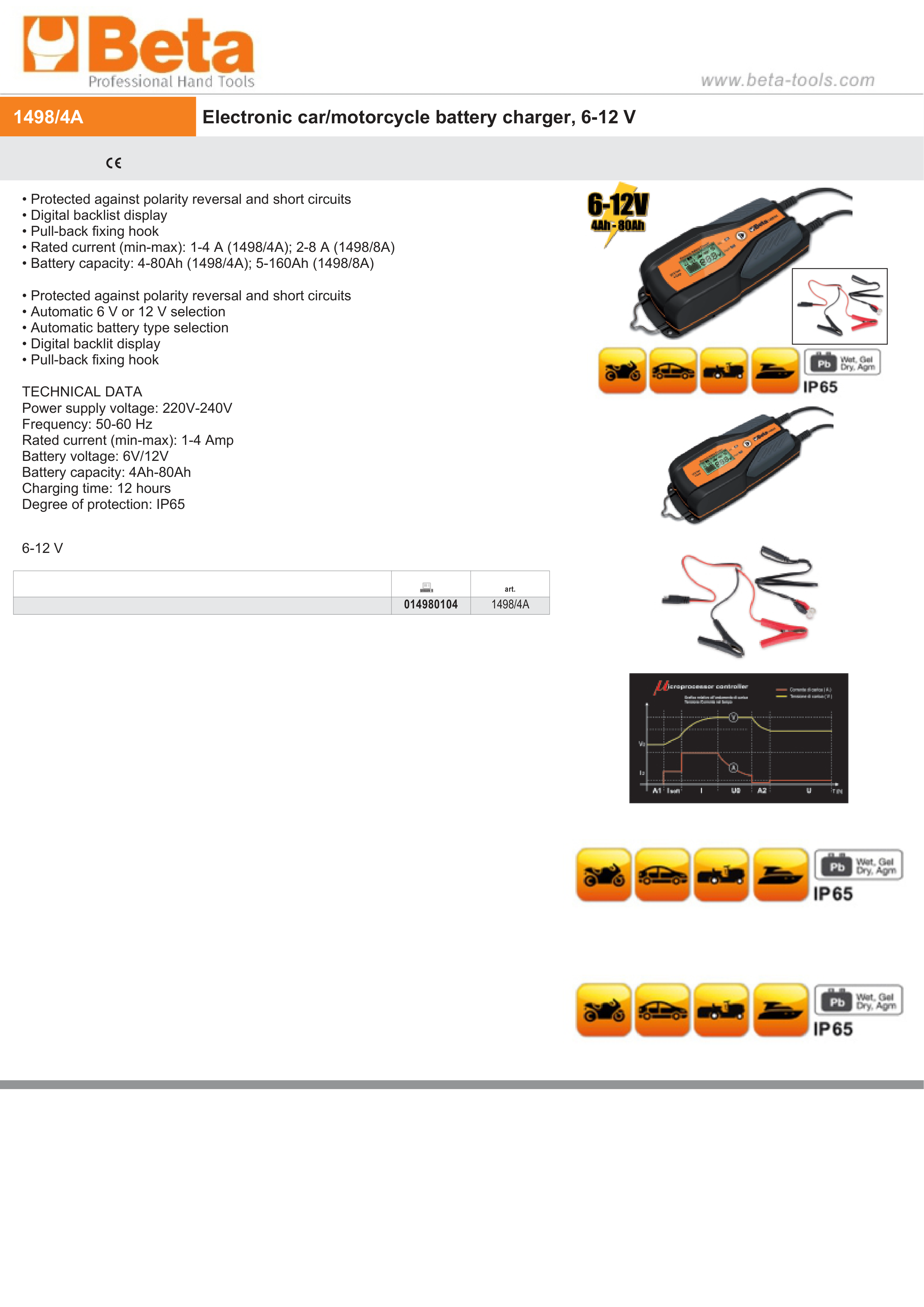 Electronic Car/Motorcycle Battery Charger 6V/12V 1A - 8A 4Ah - 160Ah - Beta Tools 1498/4A