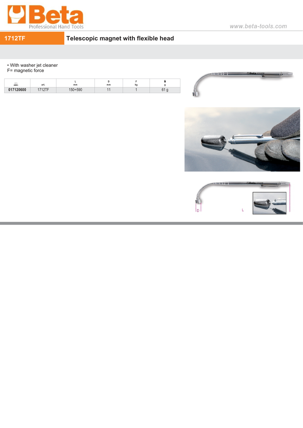 Telescopic Magnet with Flexible Head 150-590mm - Beta Tools 1712TF