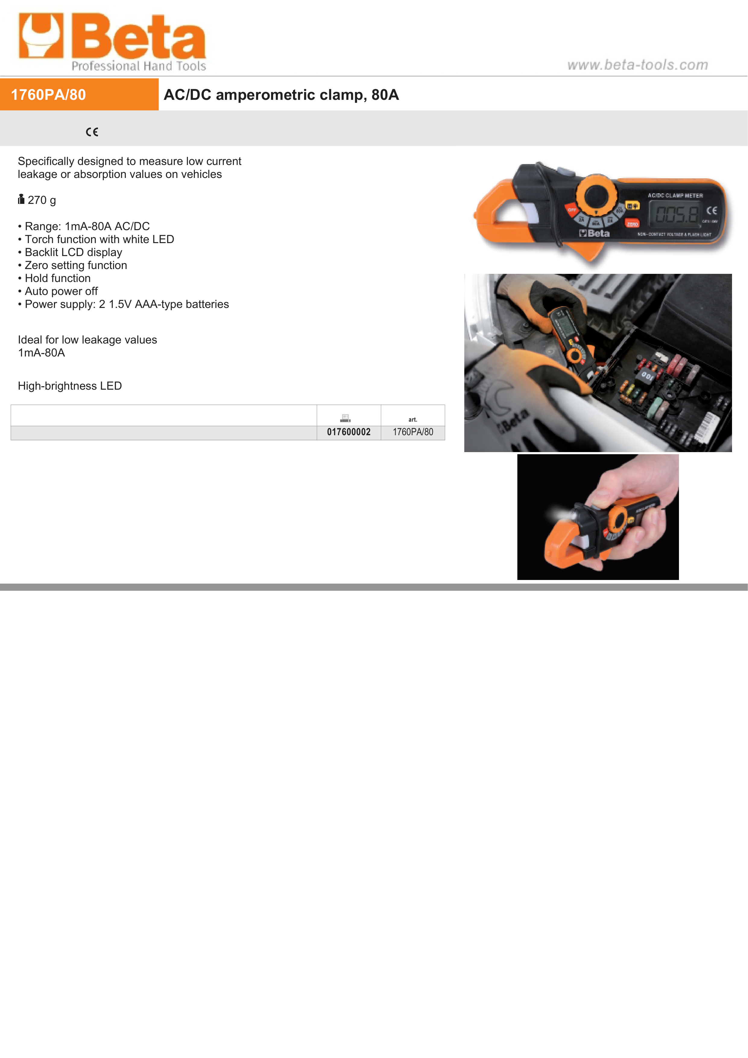 AC/DC Amperometric Clamp 1mA-80A with LED - Beta Tools 1760PA/80