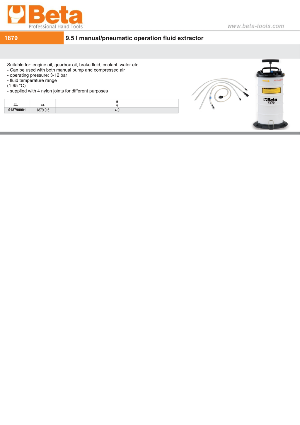 Manual/Pneumatic Fluid Extractor 9.5L with Nylon Joints - Beta Tools 1879 9,5
