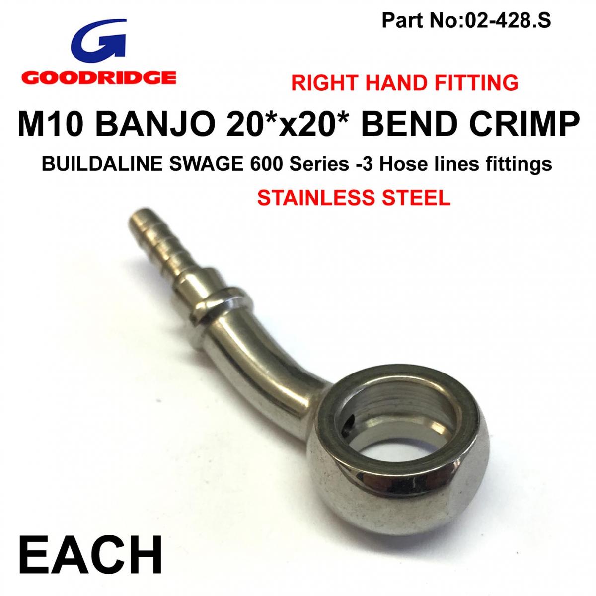 BANJO 20x20 BEND R/H STAINLESS, SWAGE CRIMP FITTING 600 Series -3, GOODRIDGE S5093R-03C