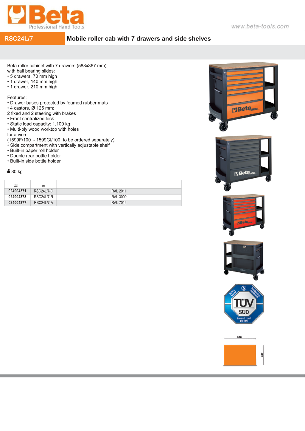 Mobile Roller Cab 7 Drawers Side Shelves 1100kg Capacity - Beta Tools RSC24L/7-O