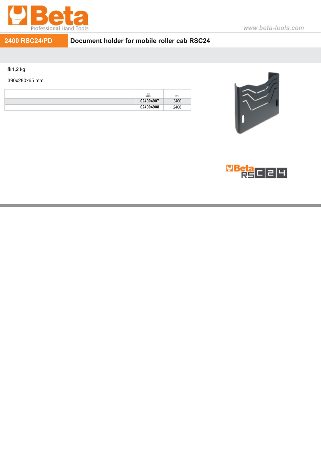 Document Holder for Mobile Roller Cab RSC24 - Beta Tools 2400 RSC24/PD-A