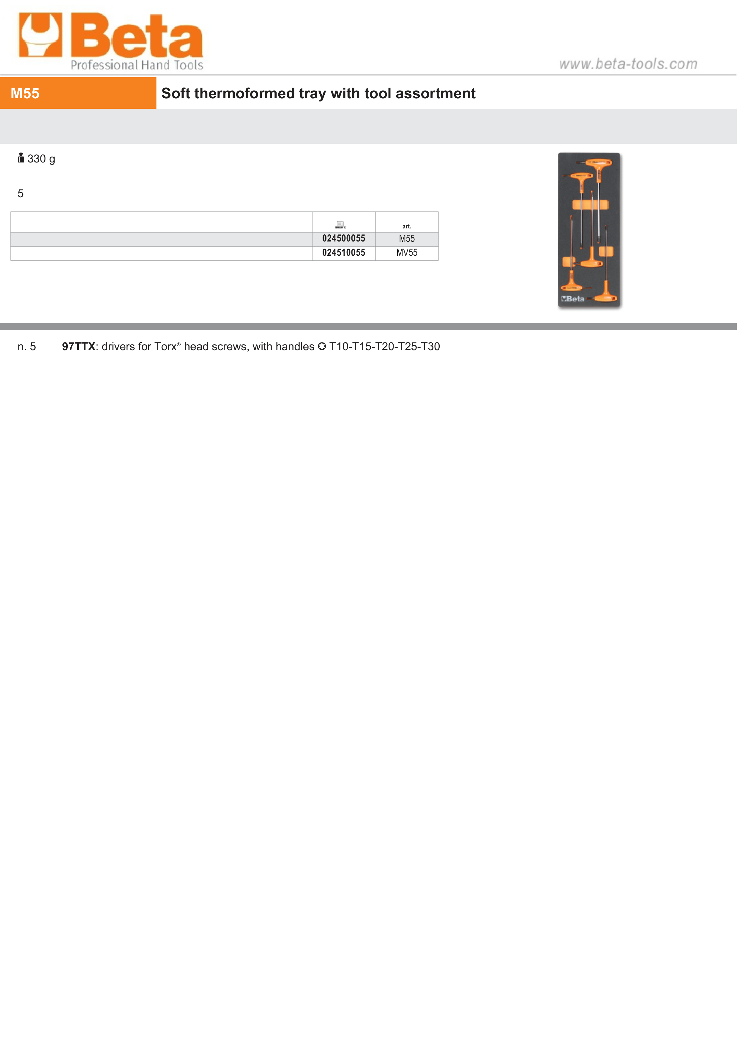 Soft Thermoformed Tray with Tool Assortment, Drawer Size 5 - Beta Tools M55