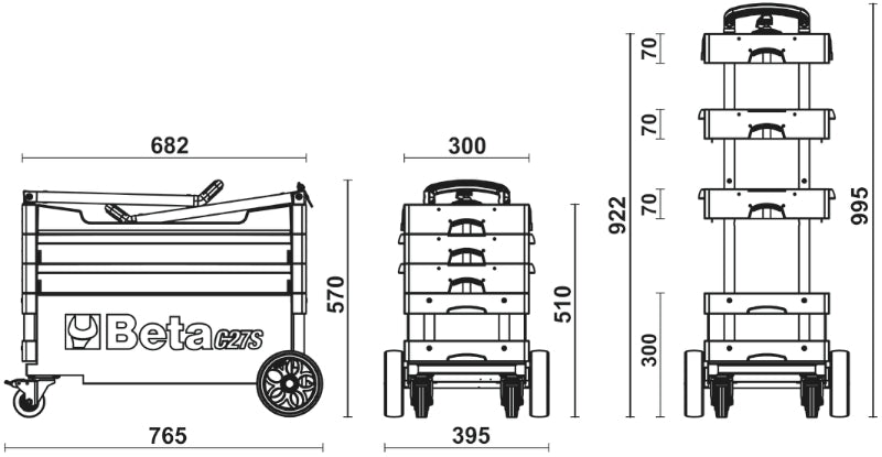 Folding Tool Trolley for Outdoor Jobs, 2 Drawers, 990x390x700mm, Centralized Lock, 160mm Fixed Castors - Beta Tools C27S-O