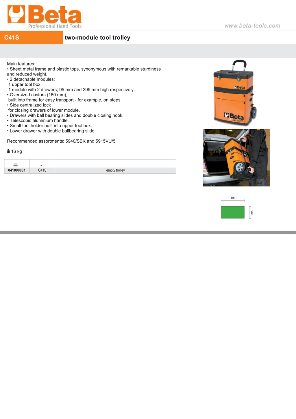 Two-Module Tool Trolley with Detachable Tool Box and Drawers - Beta Tools C41S