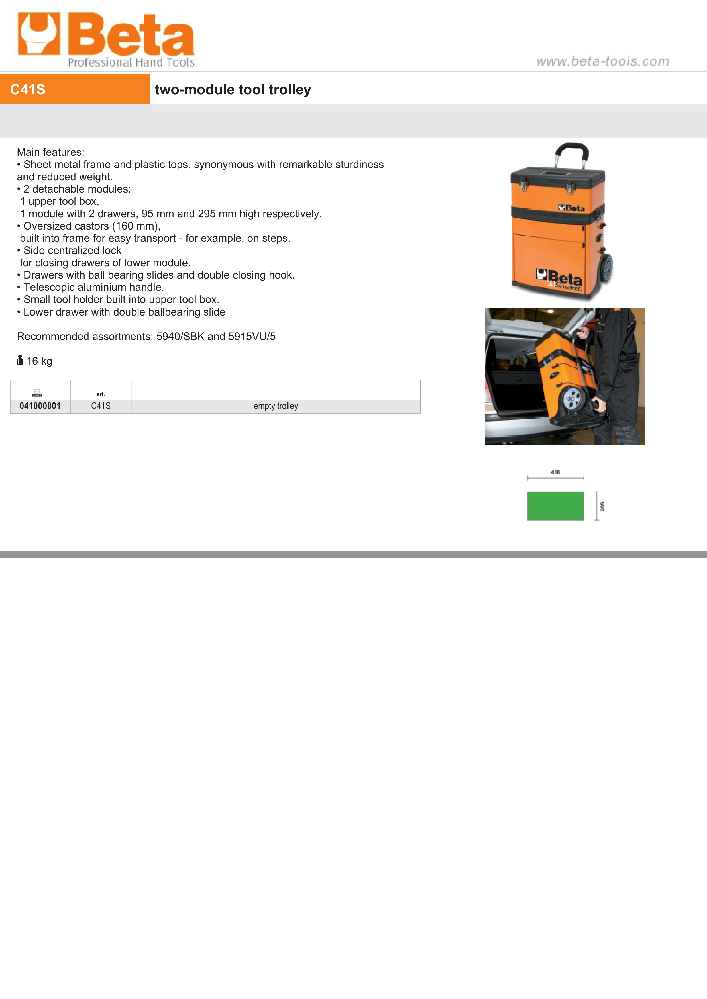 Two-Module Tool Trolley with Detachable Tool Box and Drawers - Beta Tools C41S