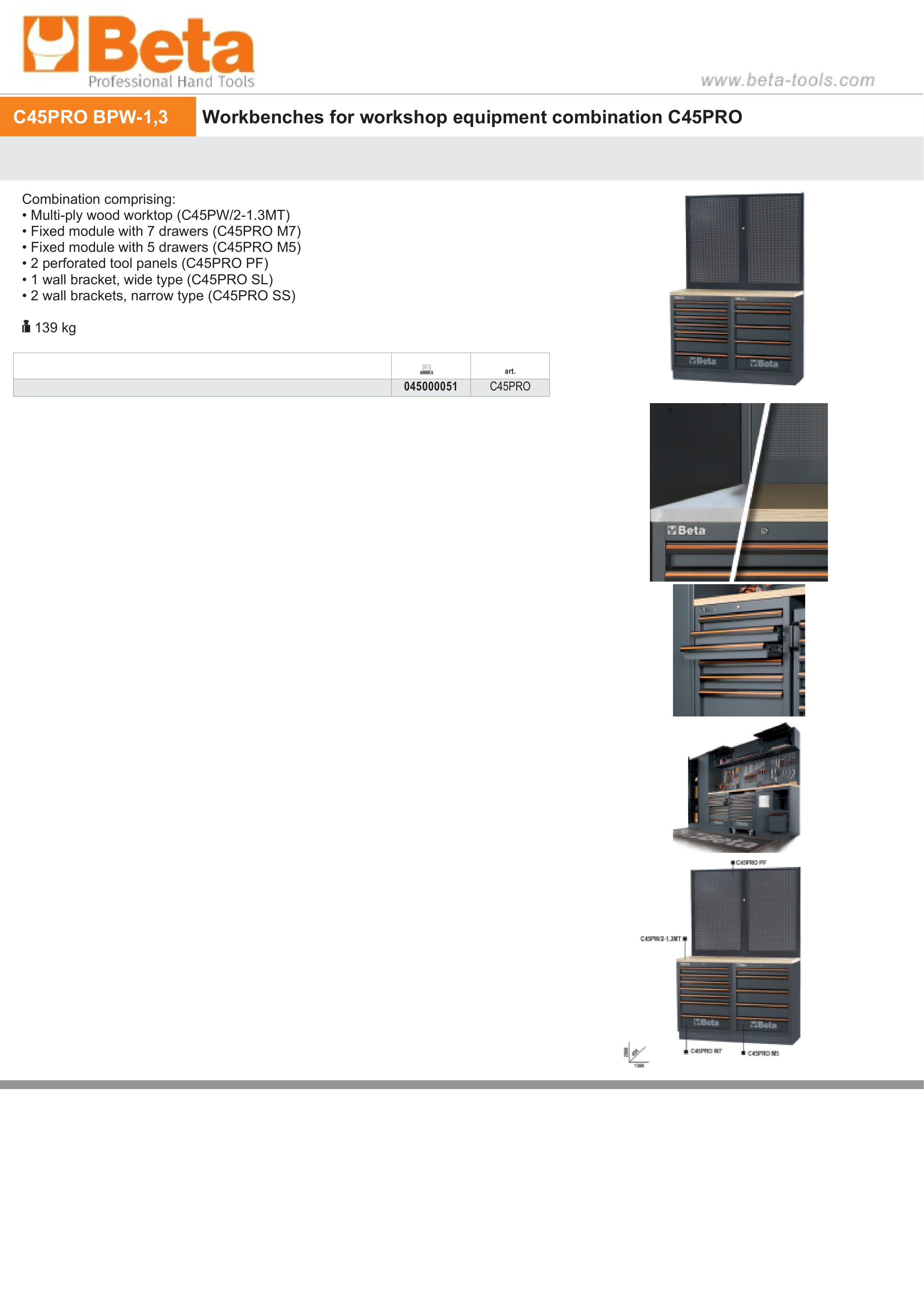 Workbenches with Wood Worktop, Drawers, and Tool Panels - BetaC45PRO C45PRO BPW-1,3
