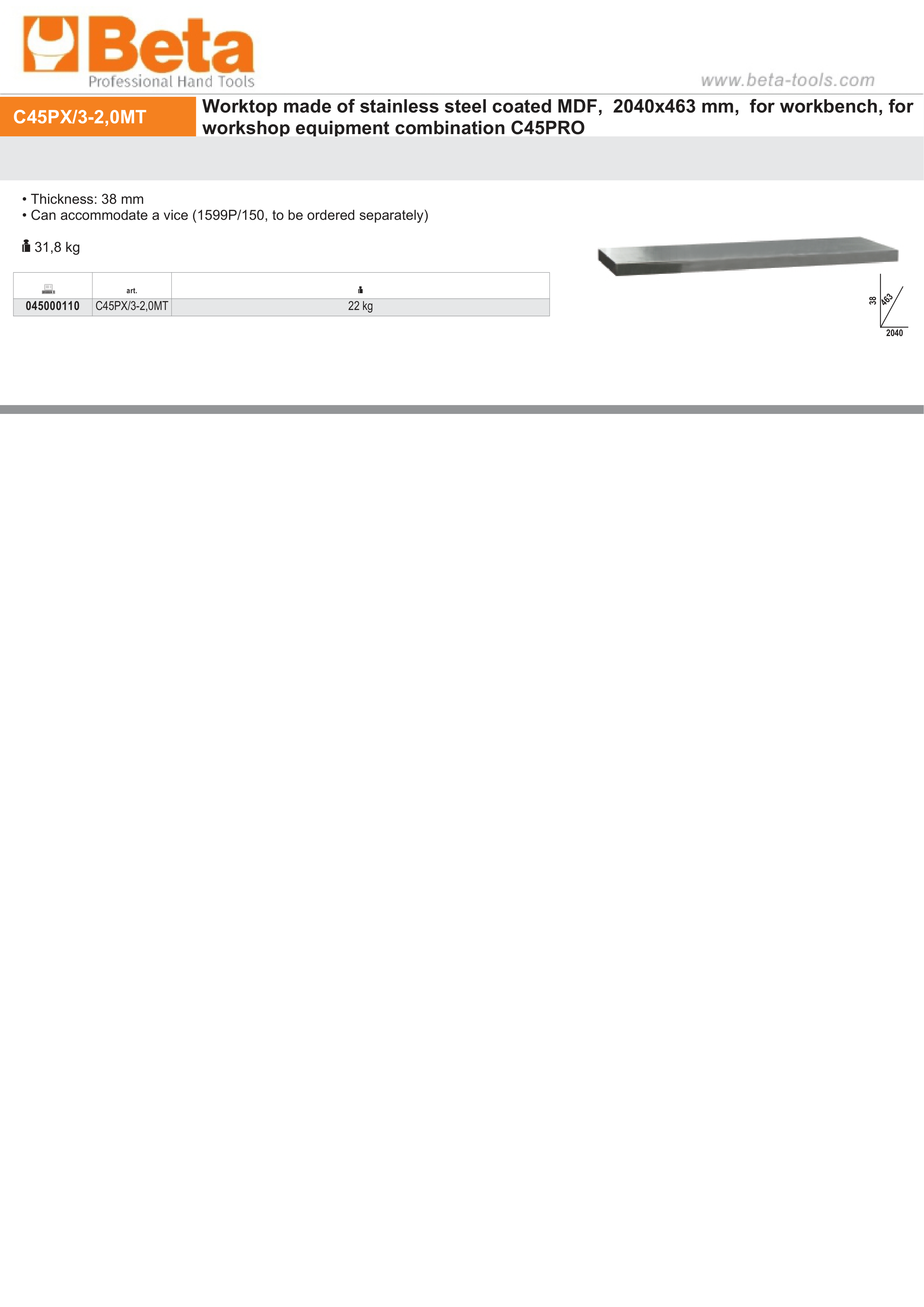 Stainless Steel Coated MDF Worktop 2040x463x38mm for Workbench - BetaC45PRO C45PX/3-2,0MT