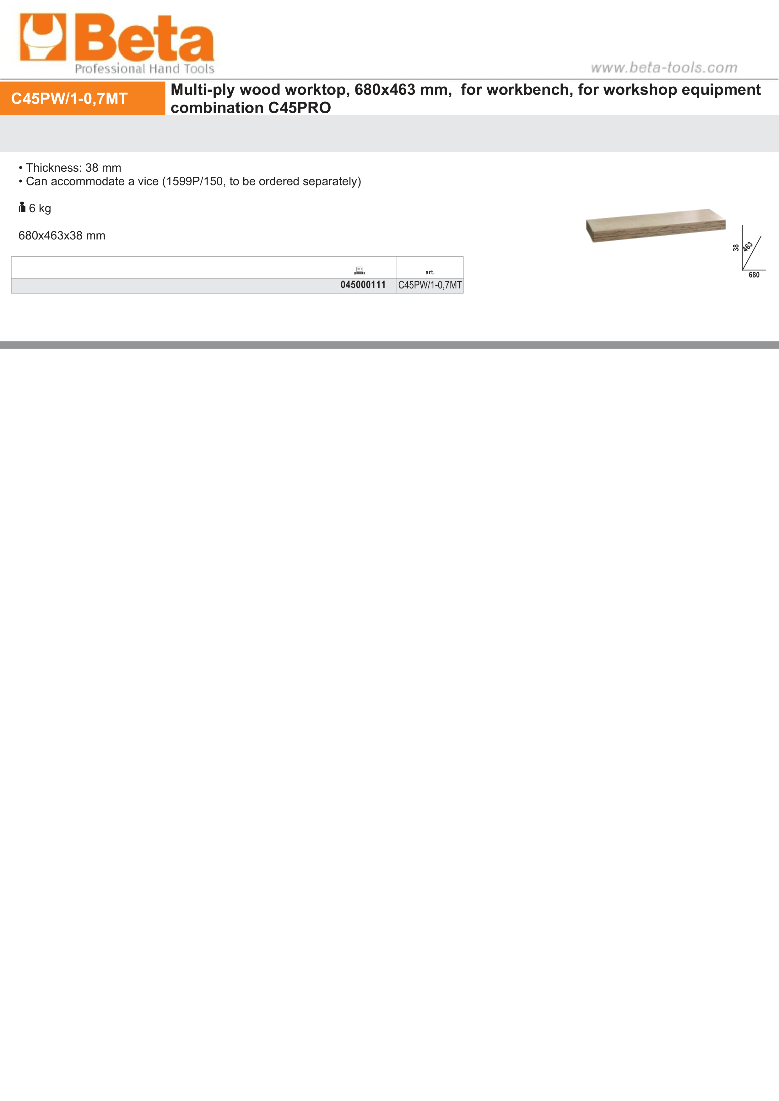 Multi-Ply Wood Worktop 680x463x38mm for Workbench - BetaC45PRO C45PW/1-0,7MT