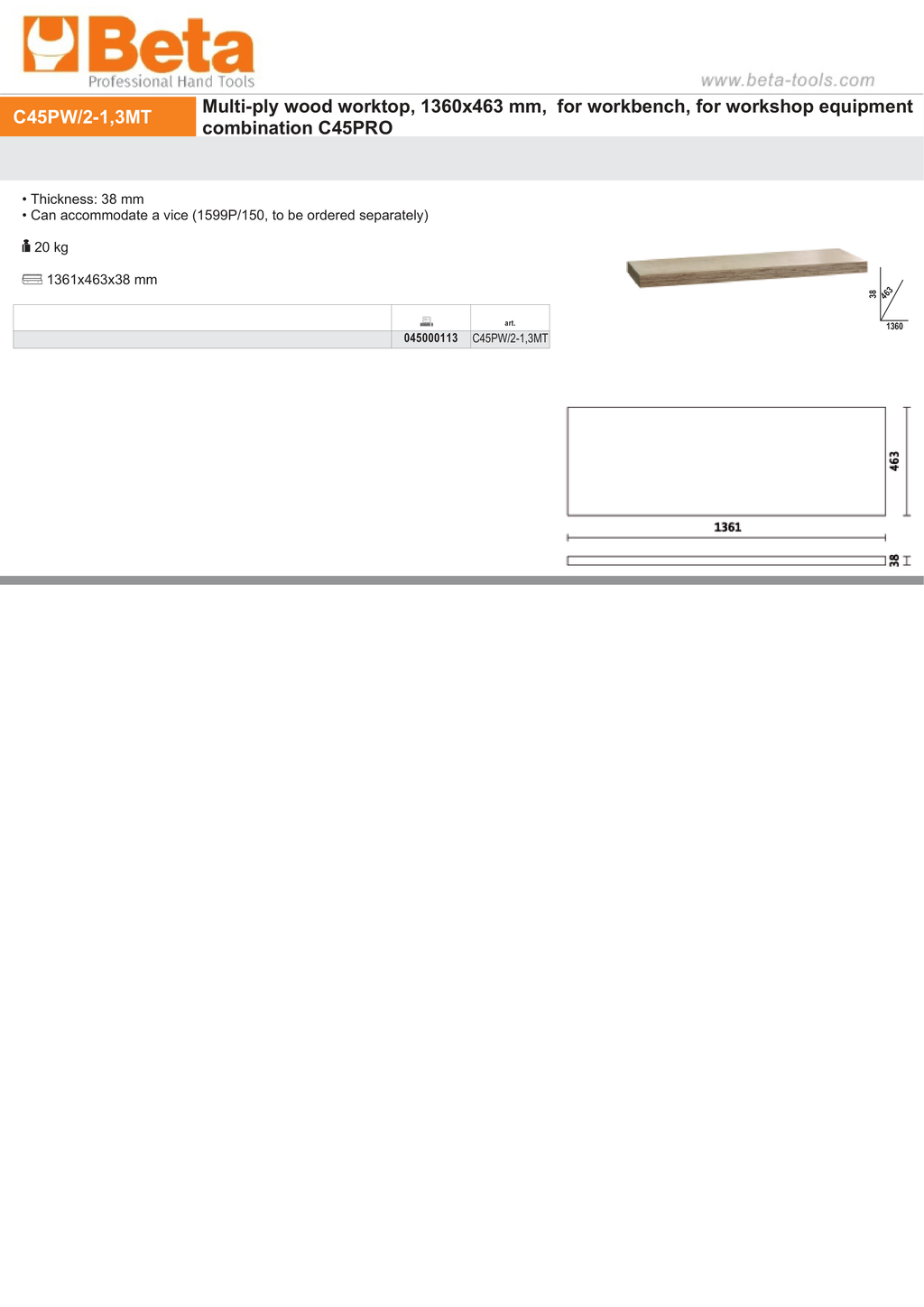 Multi-Ply Wood Worktop 1360x463x38mm for Workbench - BetaC45PRO C45PW/2-1,3MT