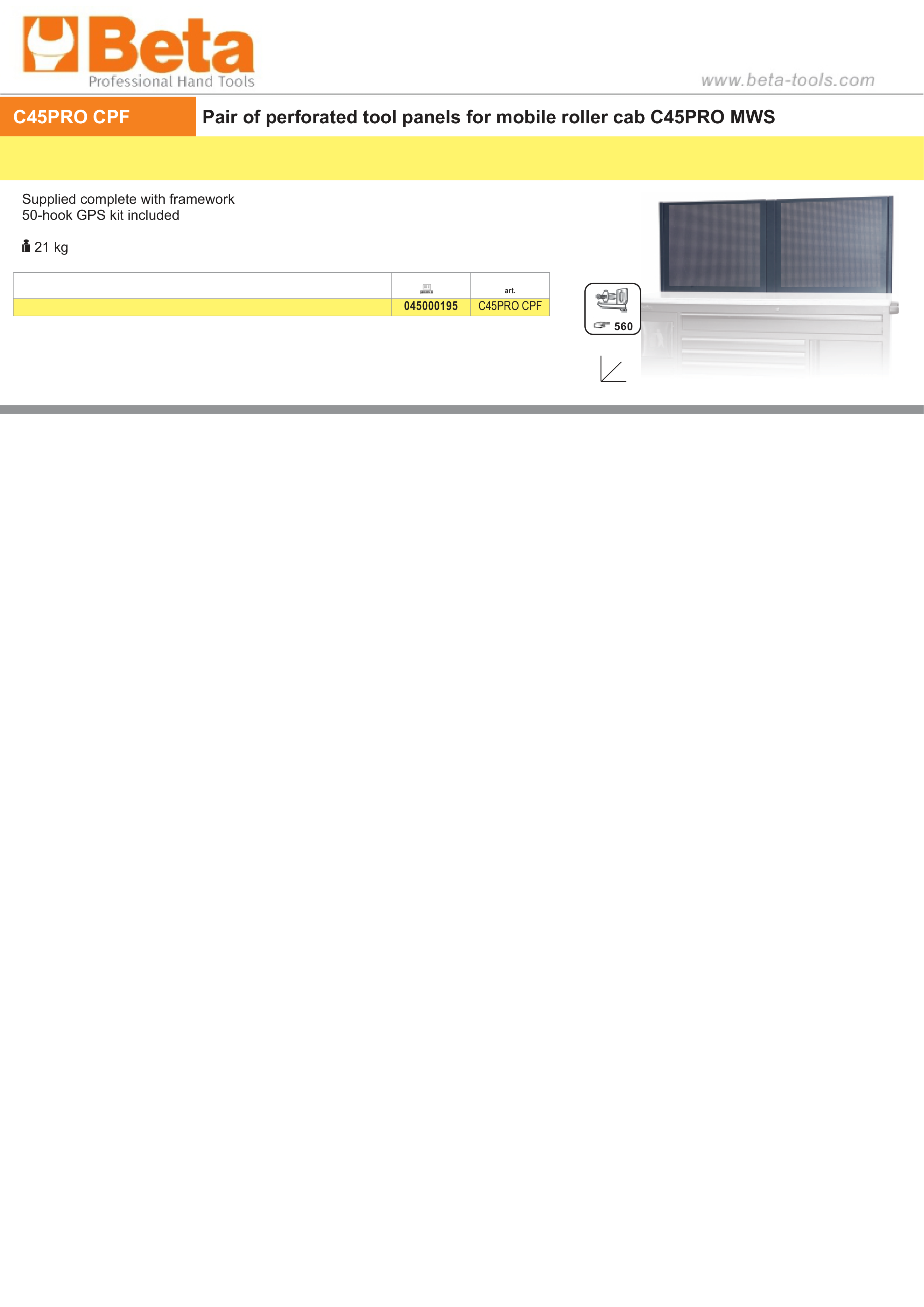 Perforated Tool Panels Pair with 50-Hook Kit for Mobile Roller Cab - BetaC45PRO C45PRO CPF