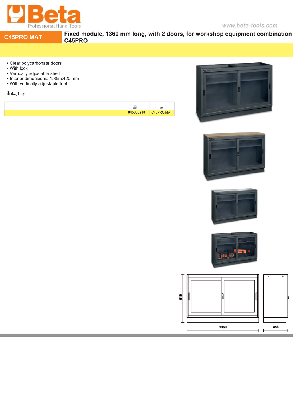 Fixed Module with Clear Polycarbonate Doors and Adjustable Shelf for Workshop - BetaC45PRO C45PRO MAT