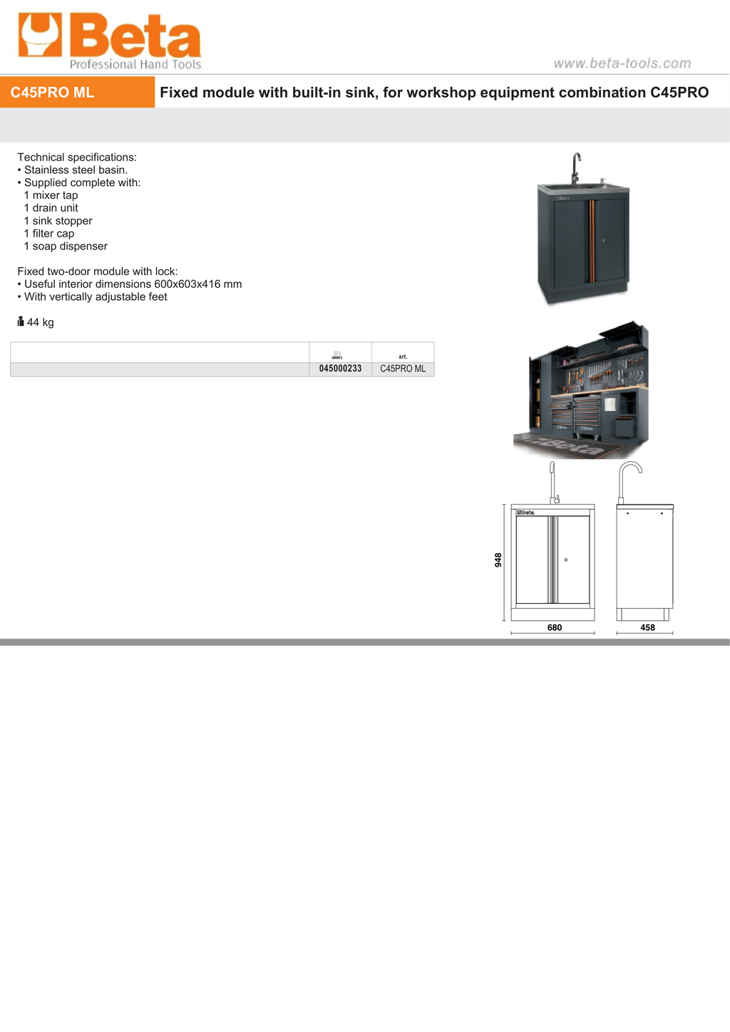 Fixed Module with Built-In Sink and Two Doors for Workshop - BetaC45PRO C45PRO ML