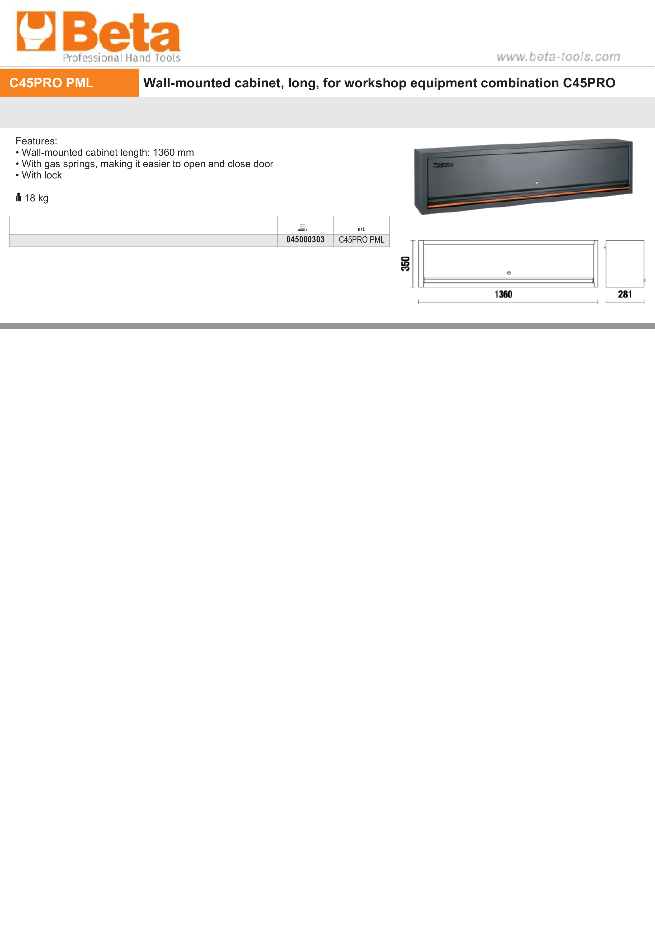 Long Wall-Mounted Cabinet with Gas Springs and Lock for Workshop - BetaC45PRO C45PRO PML