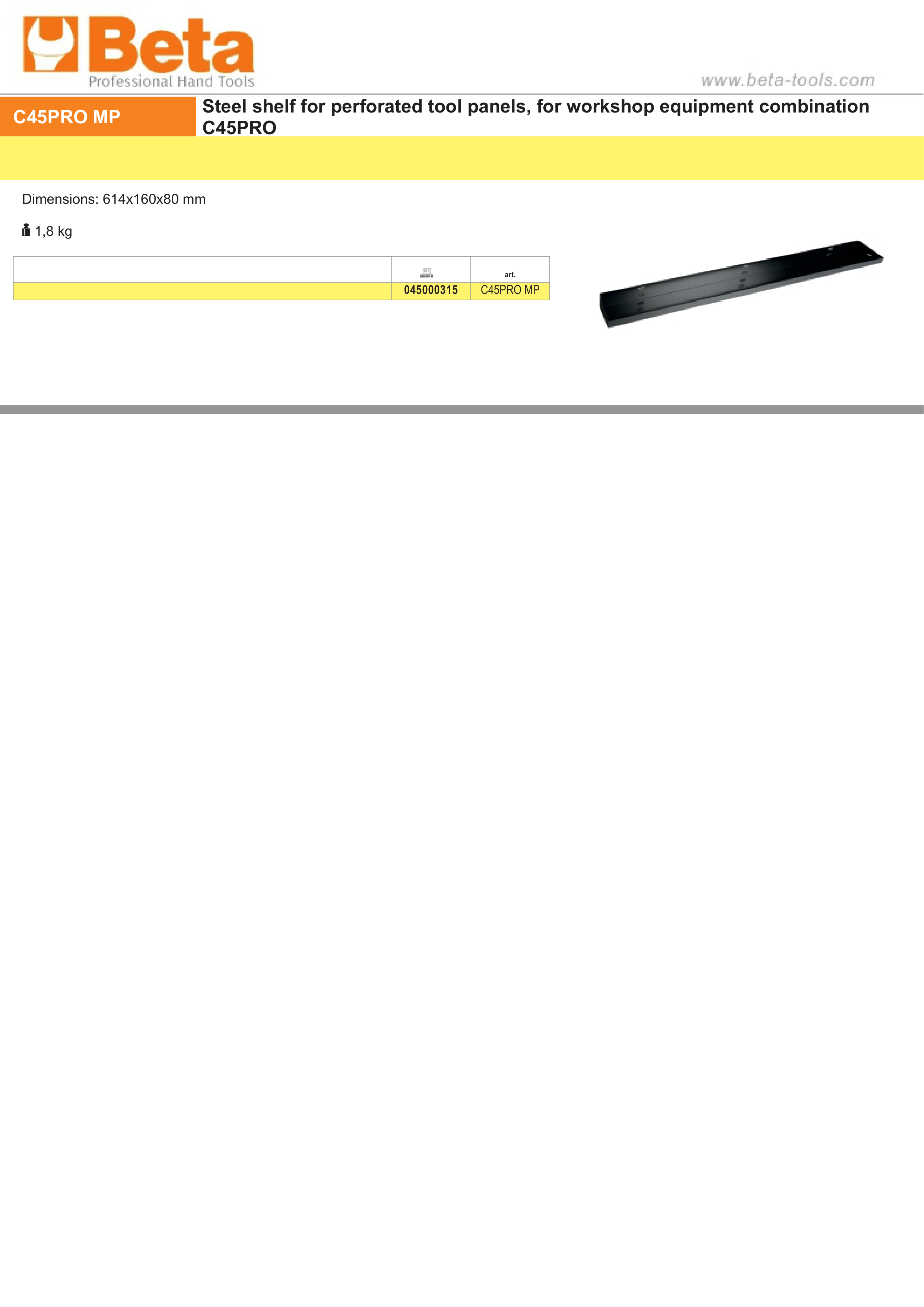 Steel Shelf 614x160mm for Perforated Tool Panels in Workshop - BetaC45PRO C45PRO MP