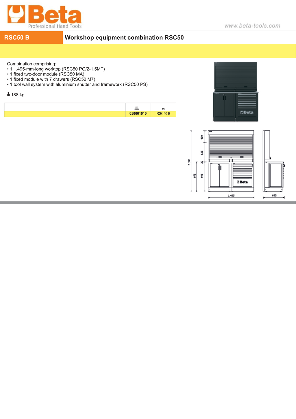 Workshop Equipment Combination RSC50 with Worktop, Two-Door Module, and Tool Wall System - BetaRSC50 RSC50 B