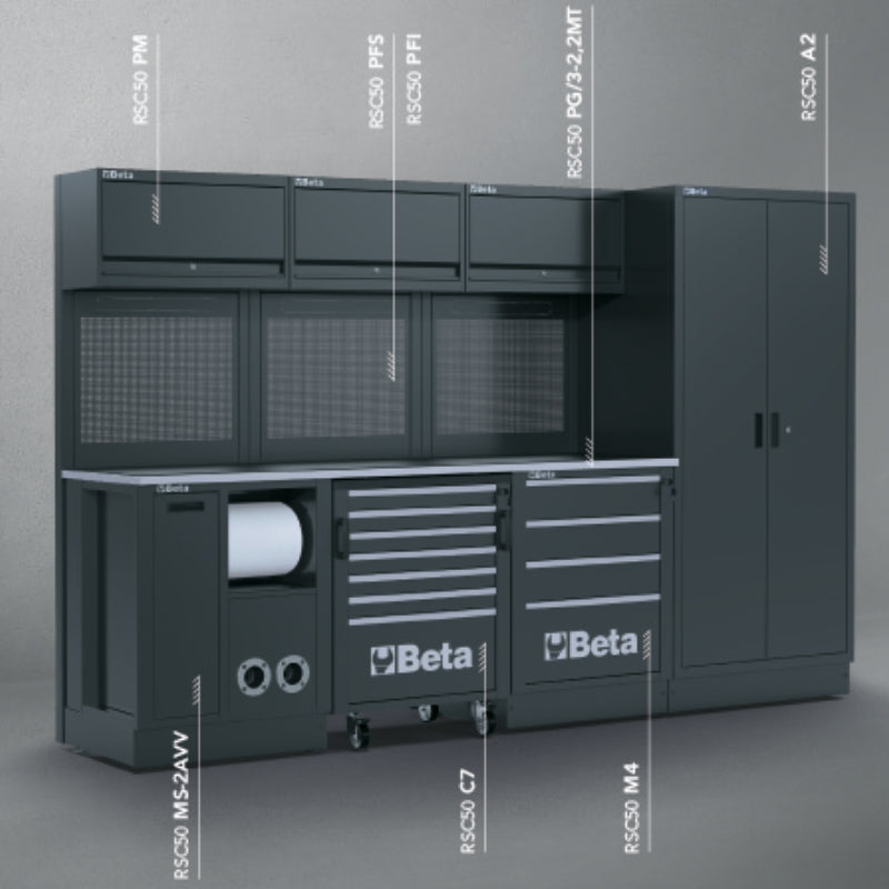 Workshop Equipment Combination RSC50 with 2.240mm Worktop, Drawers, Roller Cab, and Tool Panels - BetaRSC50 RSC50 G