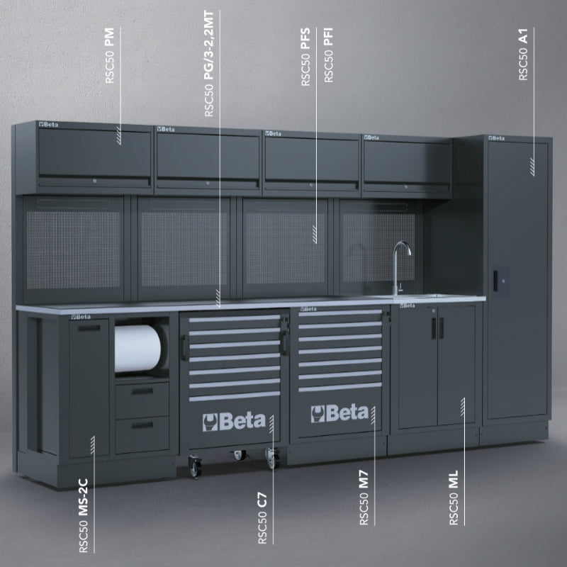 Workshop Equipment Combination RSC50 with 2.240mm Worktop, Drawers, Roller Cab, Sink, and Tool Panels - BetaRSC50 RSC50 H