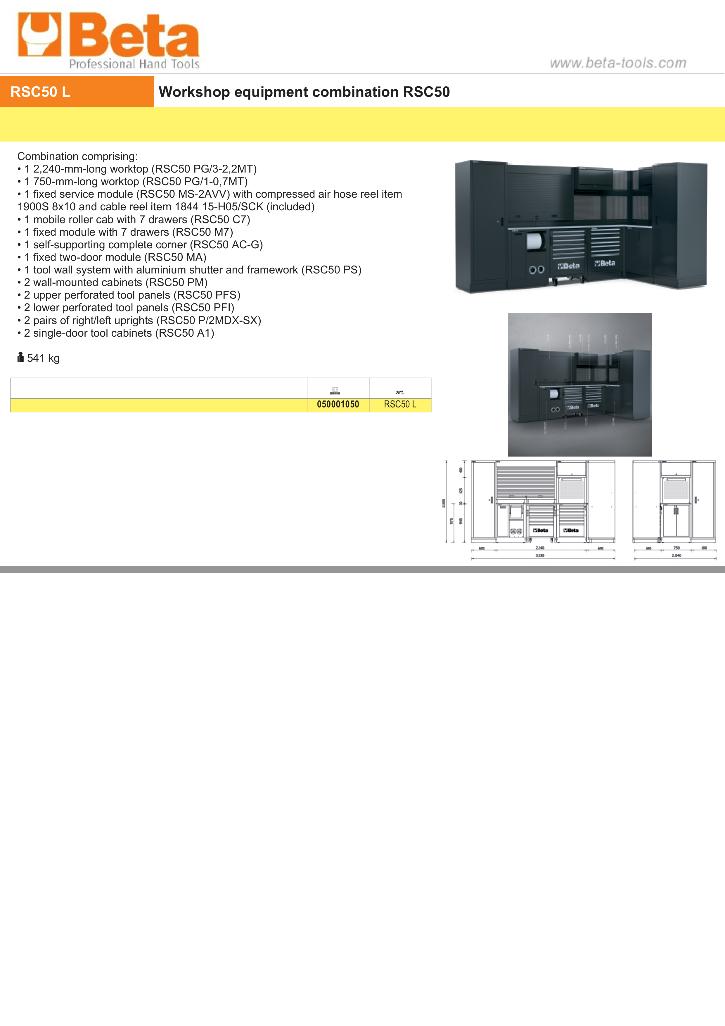 Workshop Equipment Combination RSC50 with 2.240mm and 750mm Worktops, Drawers, Roller Cab, Corner Unit, and Tool Panels - BetaRSC50 RSC50 L