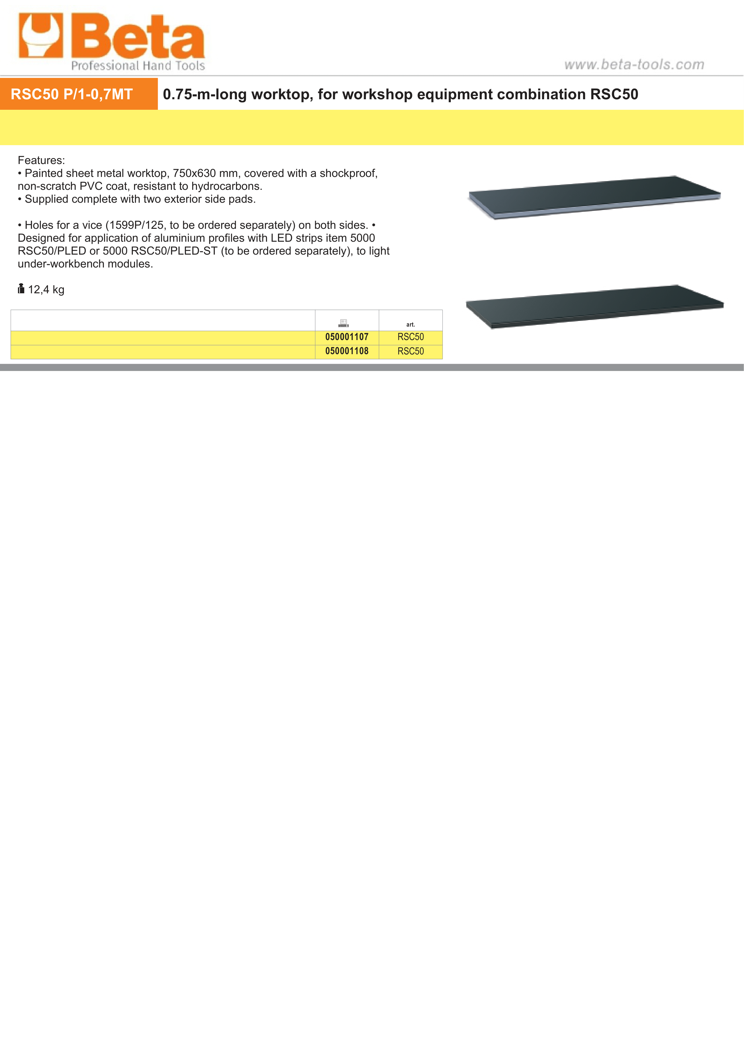 750mm Worktop for RSC50 with PVC Coating and Side Pads - BetaRSC50 RSC50 PG/1-0,7MT