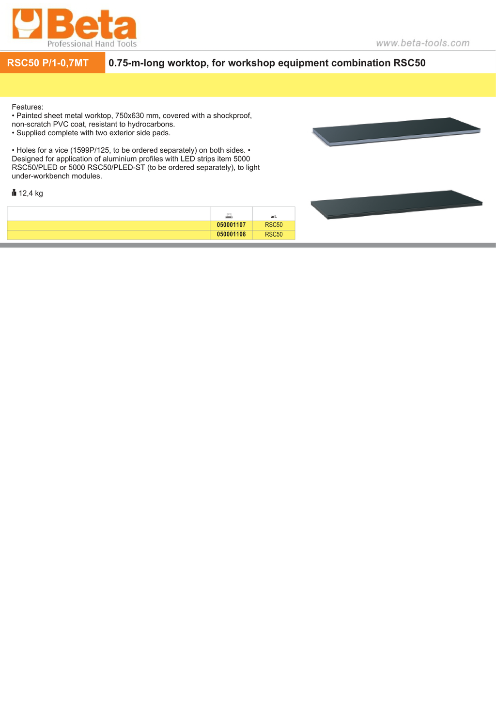 750mm Worktop for RSC50 with PVC Coating, Side Pads, and Vice Holes - BetaRSC50 RSC50 PA/1-0,7MT