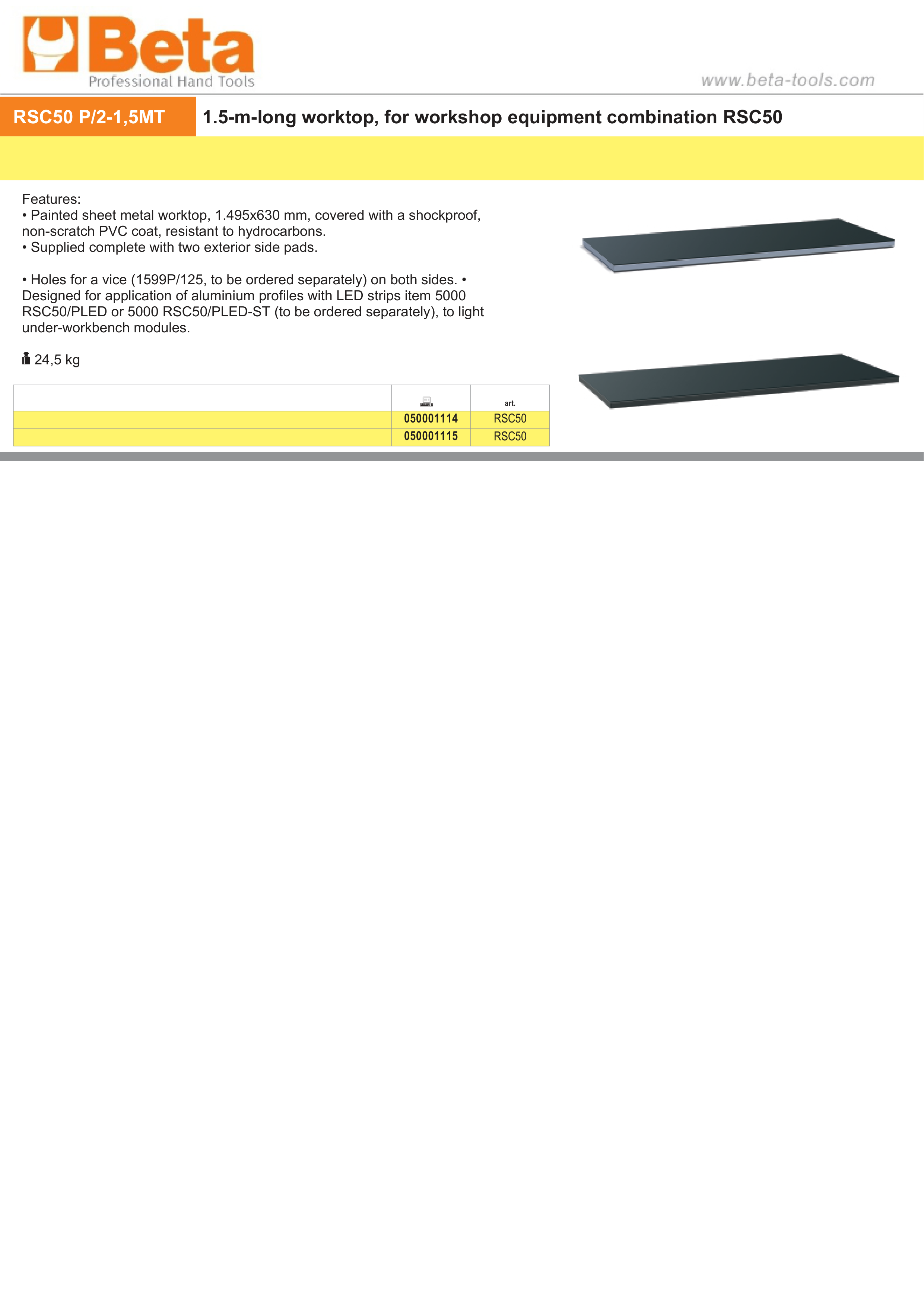 1.5m Worktop for RSC50 with PVC Coating, Side Pads, and Vice Holes - BetaRSC50 RSC50 PG/2-1,4MT
