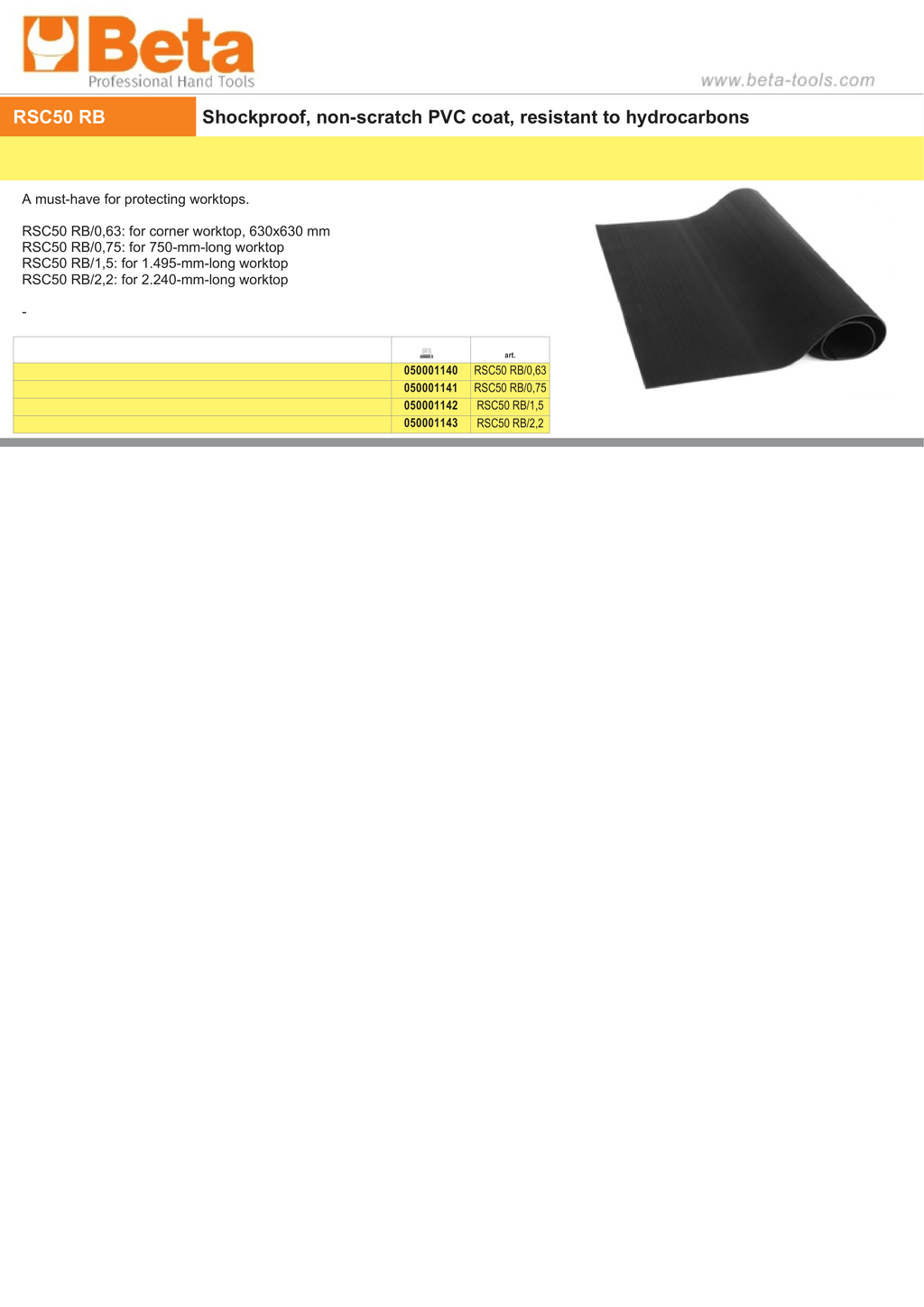 Shockproof Non-Scratch PVC Coat for RSC50 Worktops 630mm - 2.240mm - BetaRSC50 RSC50 RB/0,63