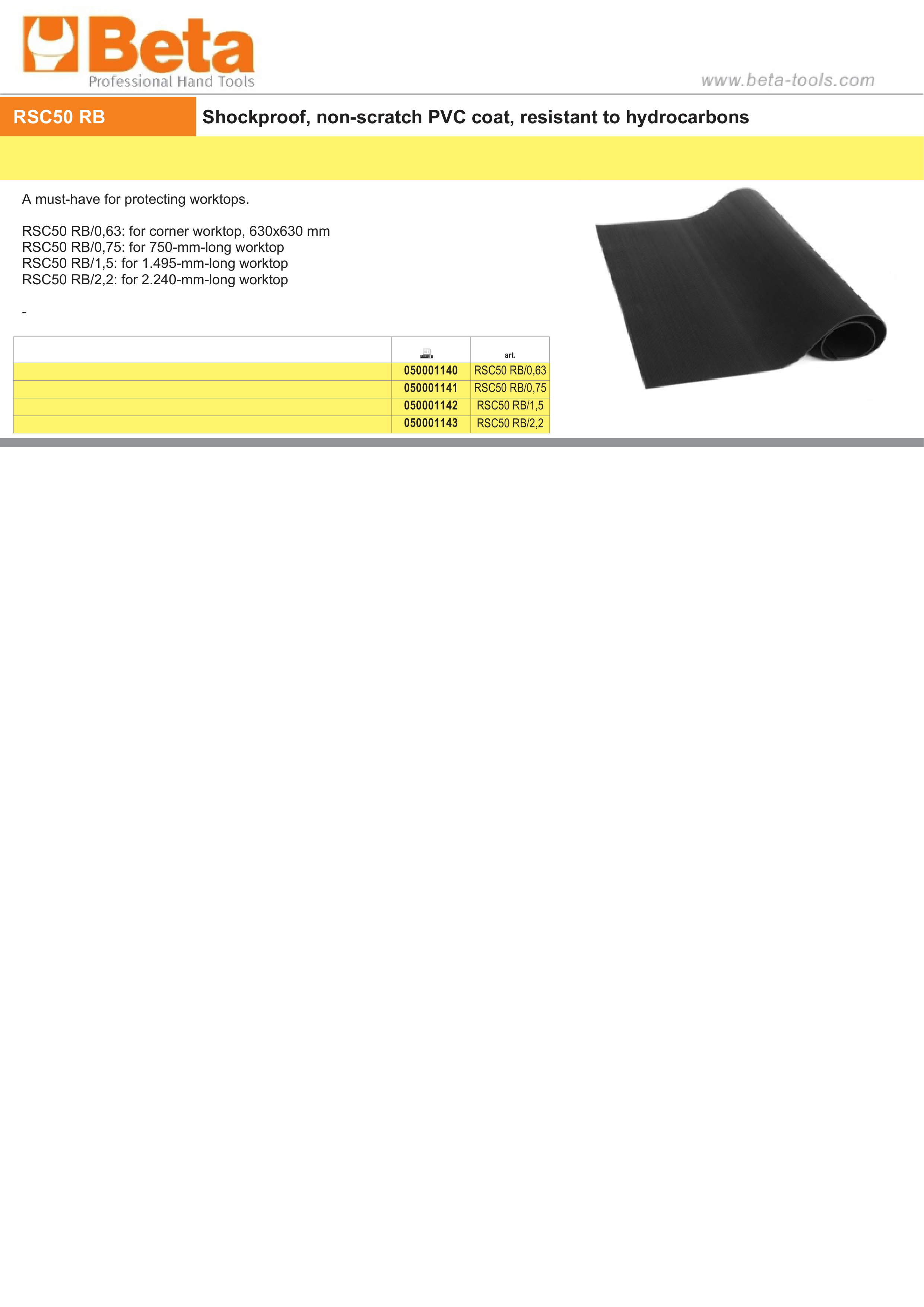 Shockproof Non-Scratch PVC Coat for RSC50 Worktops 630mm - 2.240mm - BetaRSC50 RSC50 RB/1,5
