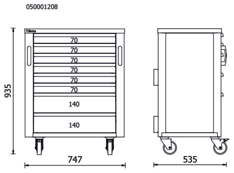 Mobile Roller Cabinet with 8 Drawers for RSC50, 588x367mm, Swivel Castors, Central Lock - BetaRSC50 RSC50 C8