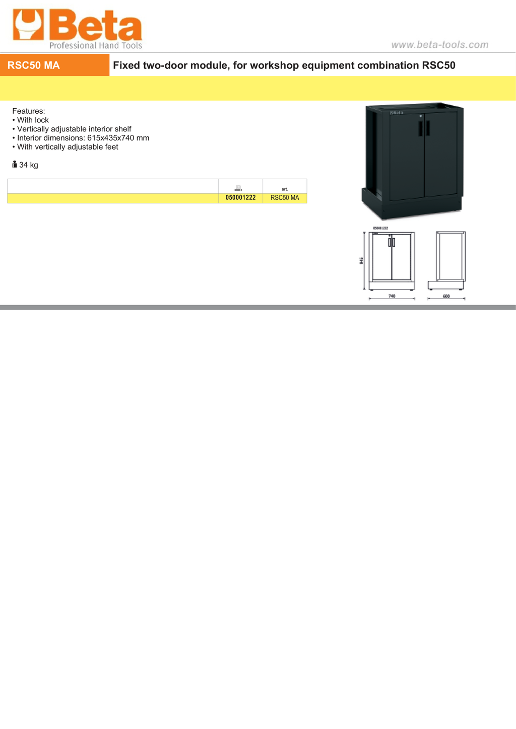 Fixed Two-Door Module for RSC50 with Lock and Adjustable Shelf, 615x435x740mm - BetaRSC50 RSC50 MA