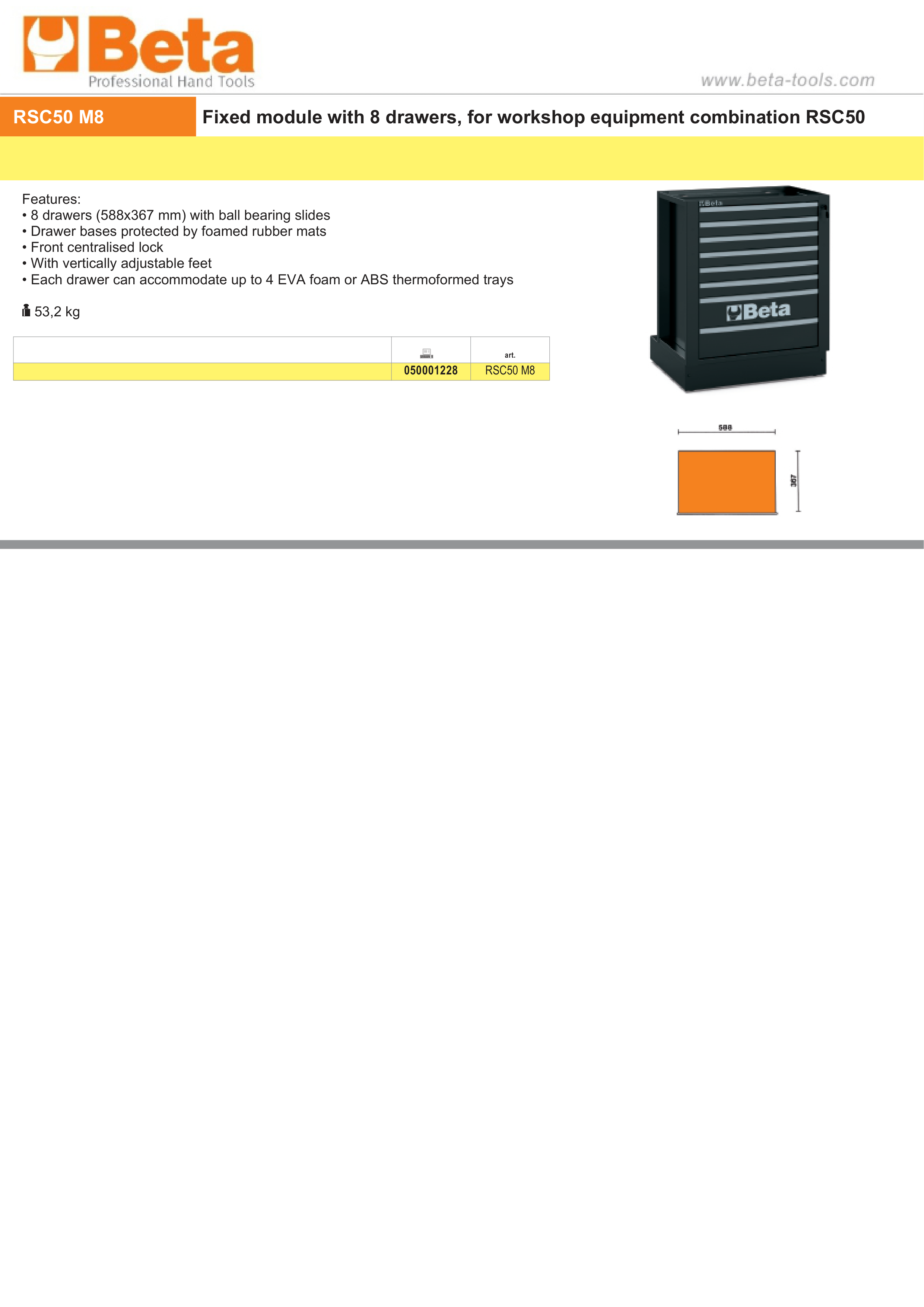 Fixed Module with 8 Drawers for RSC50, 588x367mm, Central Lock, Adjustable Feet - BetaRSC50 RSC50 M8
