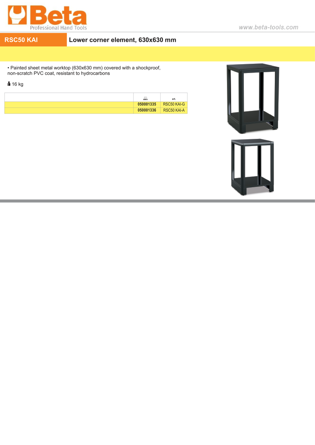 Lower Corner Element, 630x630mm Worktop, Shockproof PVC Coat - BetaRSC50 RSC50 KAI-A