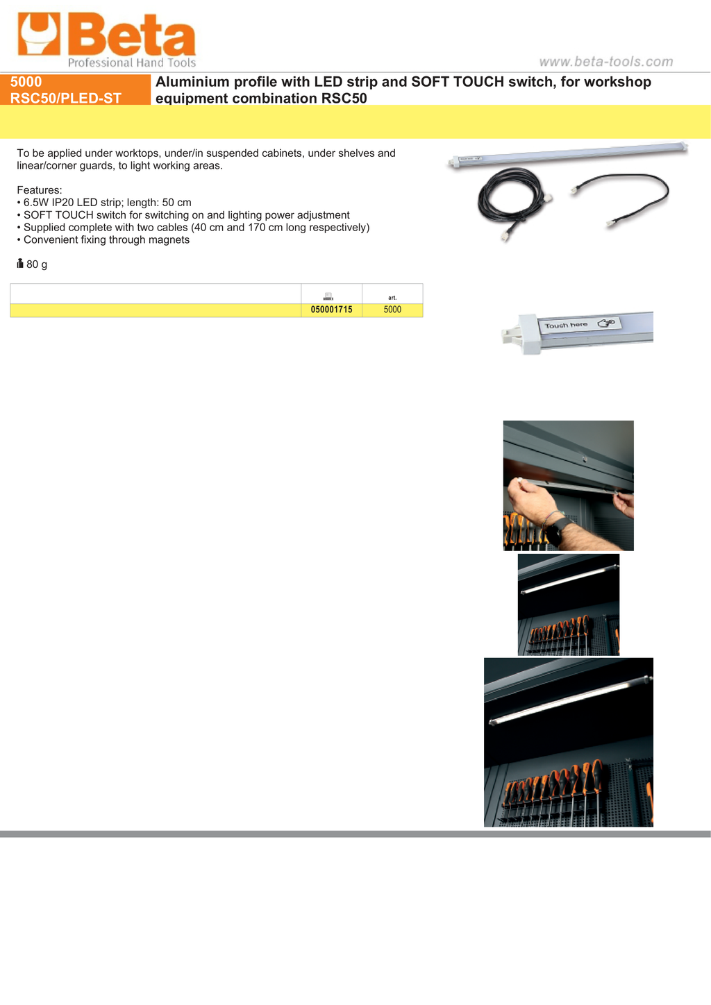 Aluminium Profile with LED Strip and Soft Touch Switch for RSC50, 50cm Length, 6.5W IP20, Includes 2 Cables, Magnetic Fixing - BetaRSC50 5000 RSC50/PLED-ST